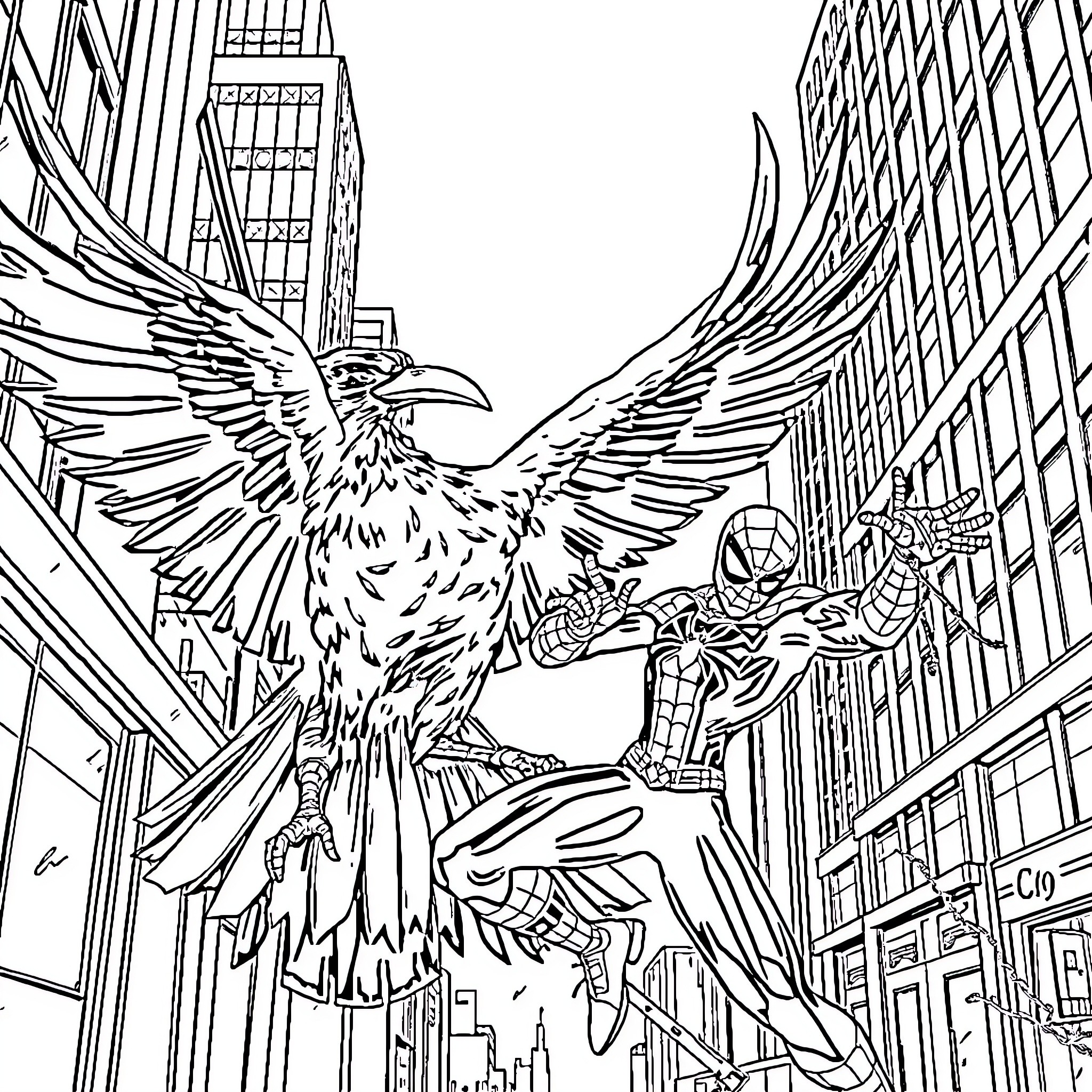 Crow soaring among skyscrapers in urban landscape Coloring Page (free black-and-white line drawing printable PDF for all, from beginners to advanced learners, including children, teens, adults, and seniors)