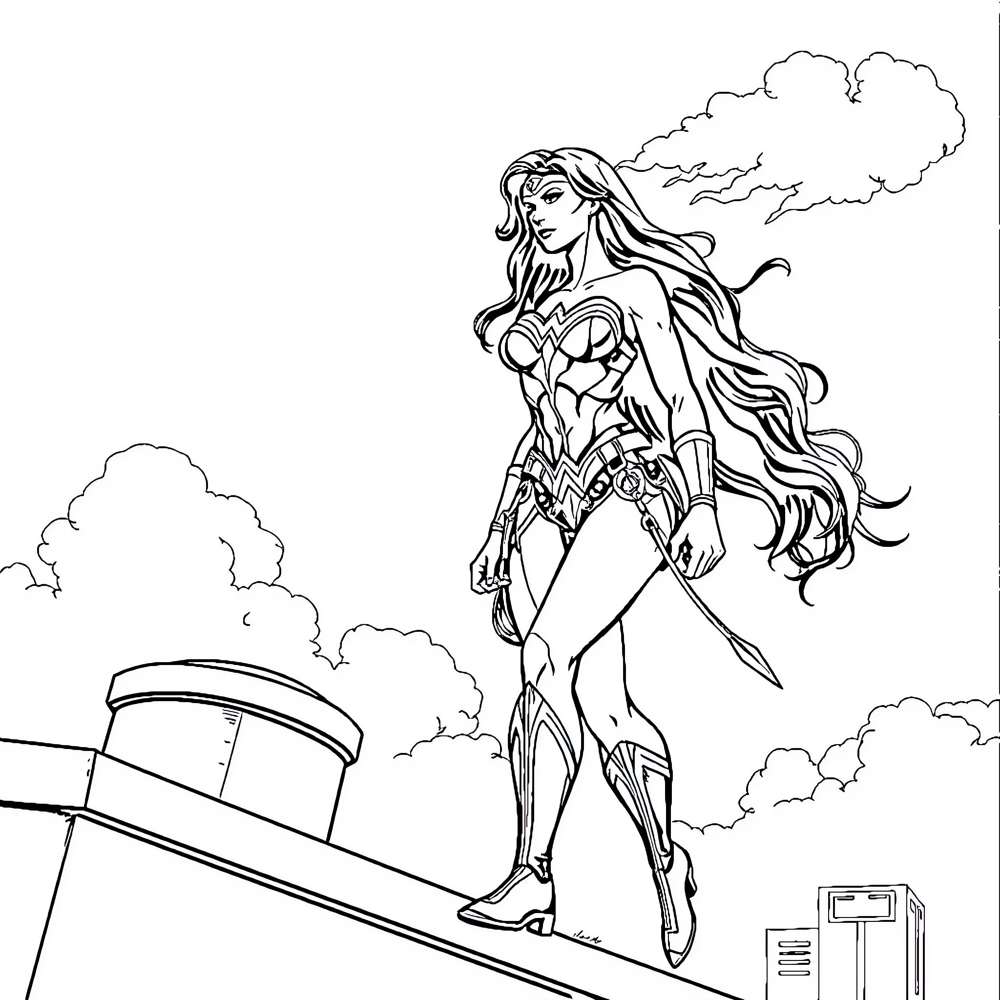 Wonder Woman in heroic stance over cityscape Coloring Page (free black-and-white line drawing printable PDF for all, from beginners to advanced learners, including children, teens, adults, and seniors)