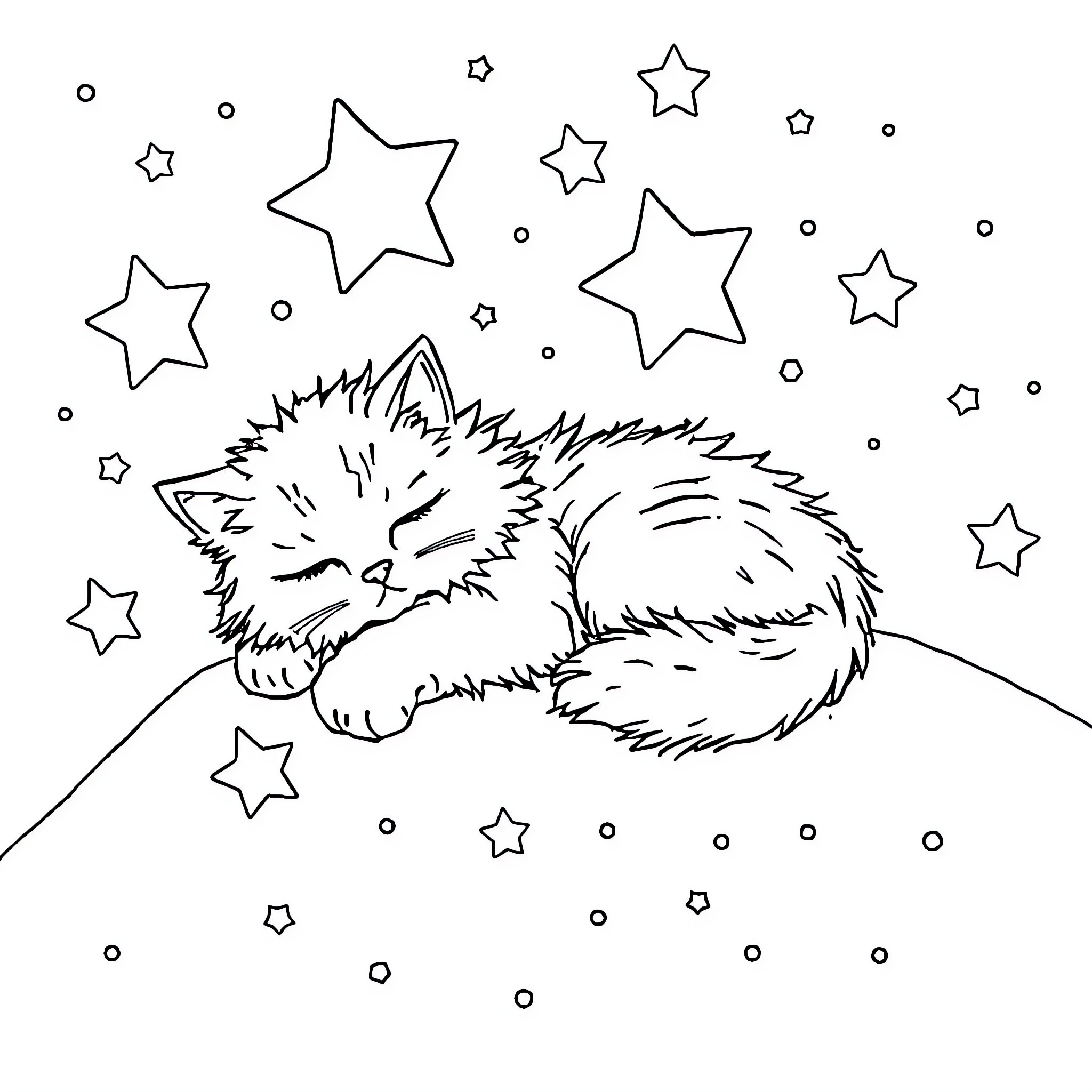 Cat sleeping peacefully under the stars Coloring Page (free black-and-white line drawing printable PDF for all, from beginners to advanced learners, including children, teens, adults, and seniors)