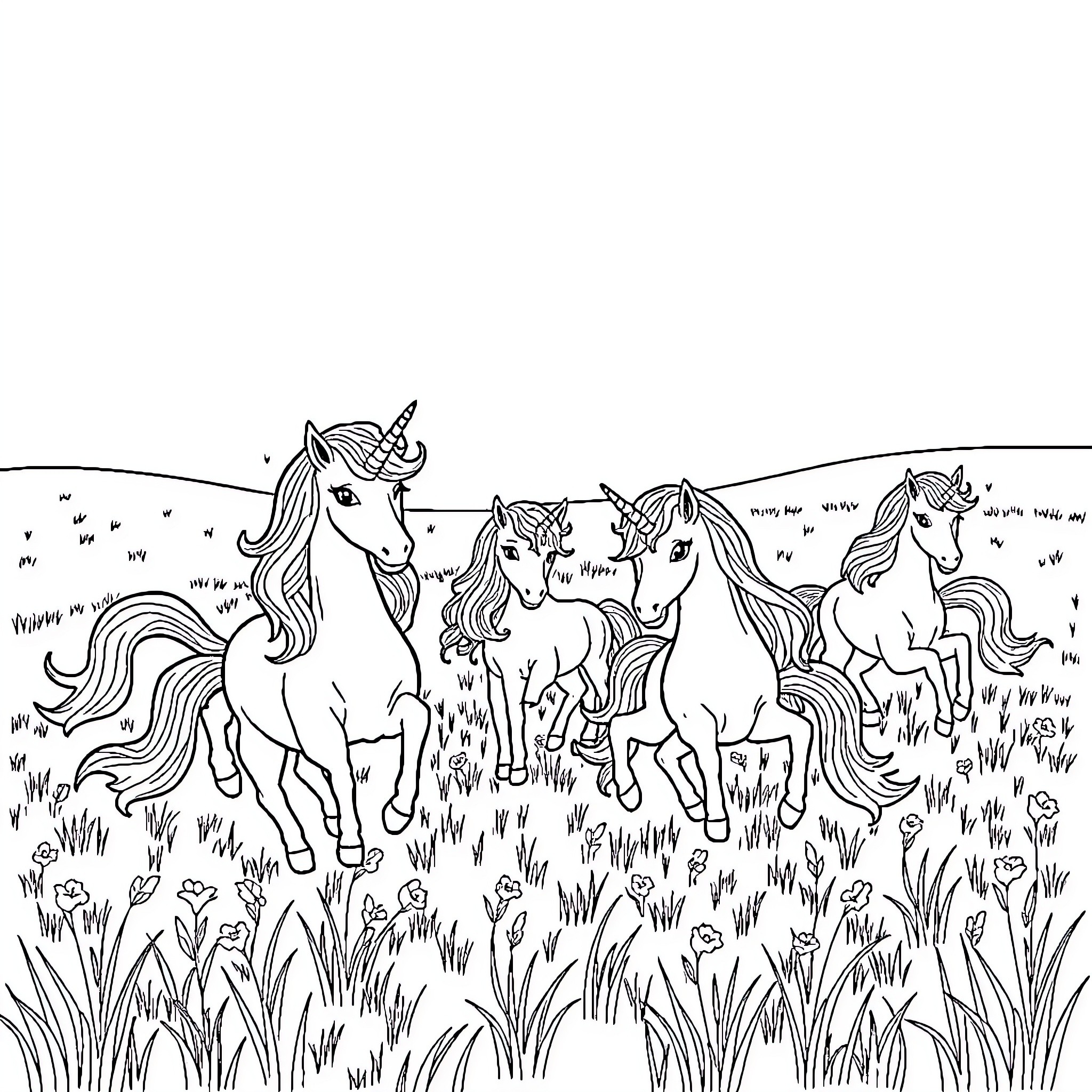 Unicorn herd frolicking through the meadow Coloring Page (free black-and-white line drawing printable PDF for all, from beginners to advanced learners, including children, teens, adults, and seniors)