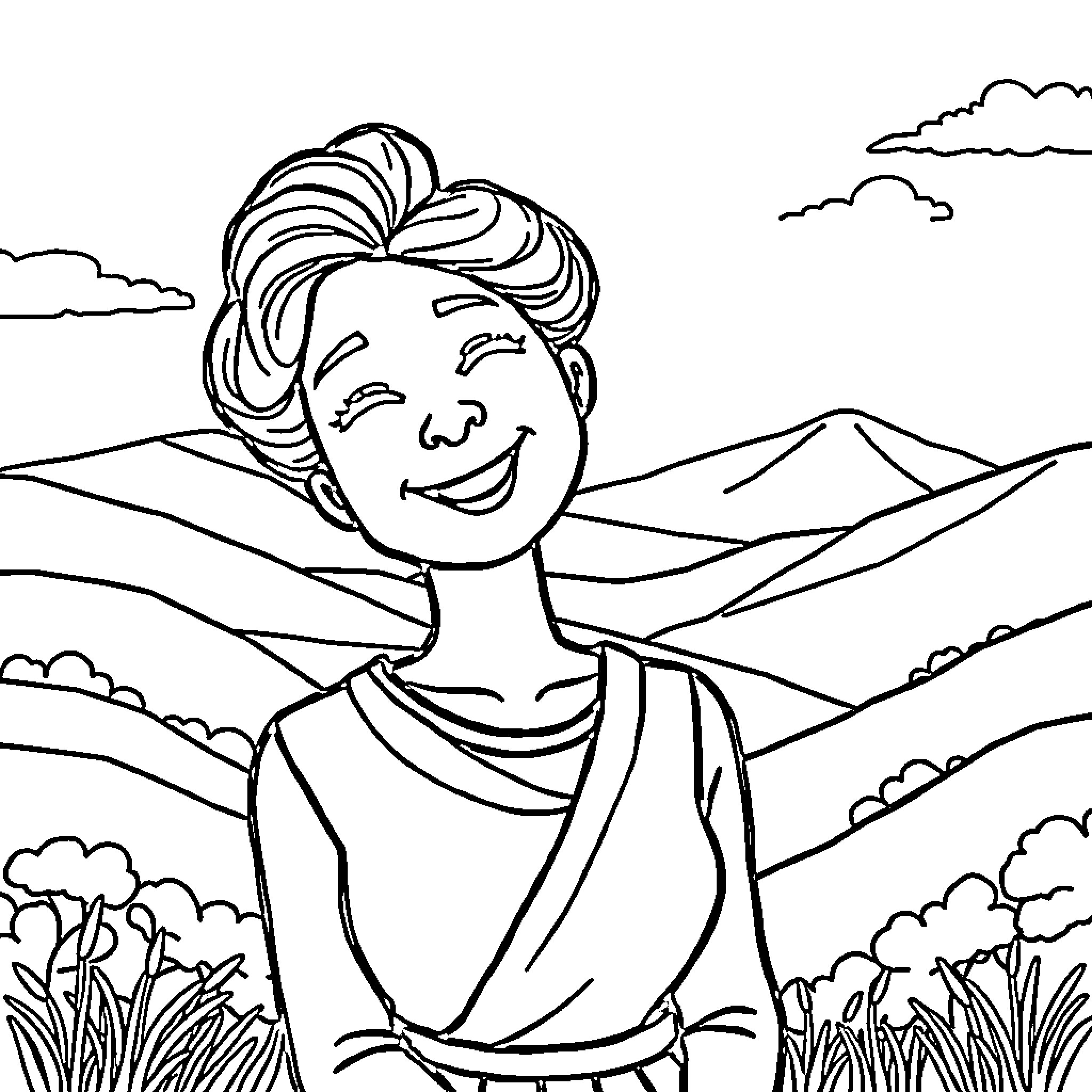 Woman smiling joyfully in a serene landscape Coloring Page (free black-and-white line drawing printable PDF for all, from beginners to advanced learners, including children, teens, adults, and seniors)