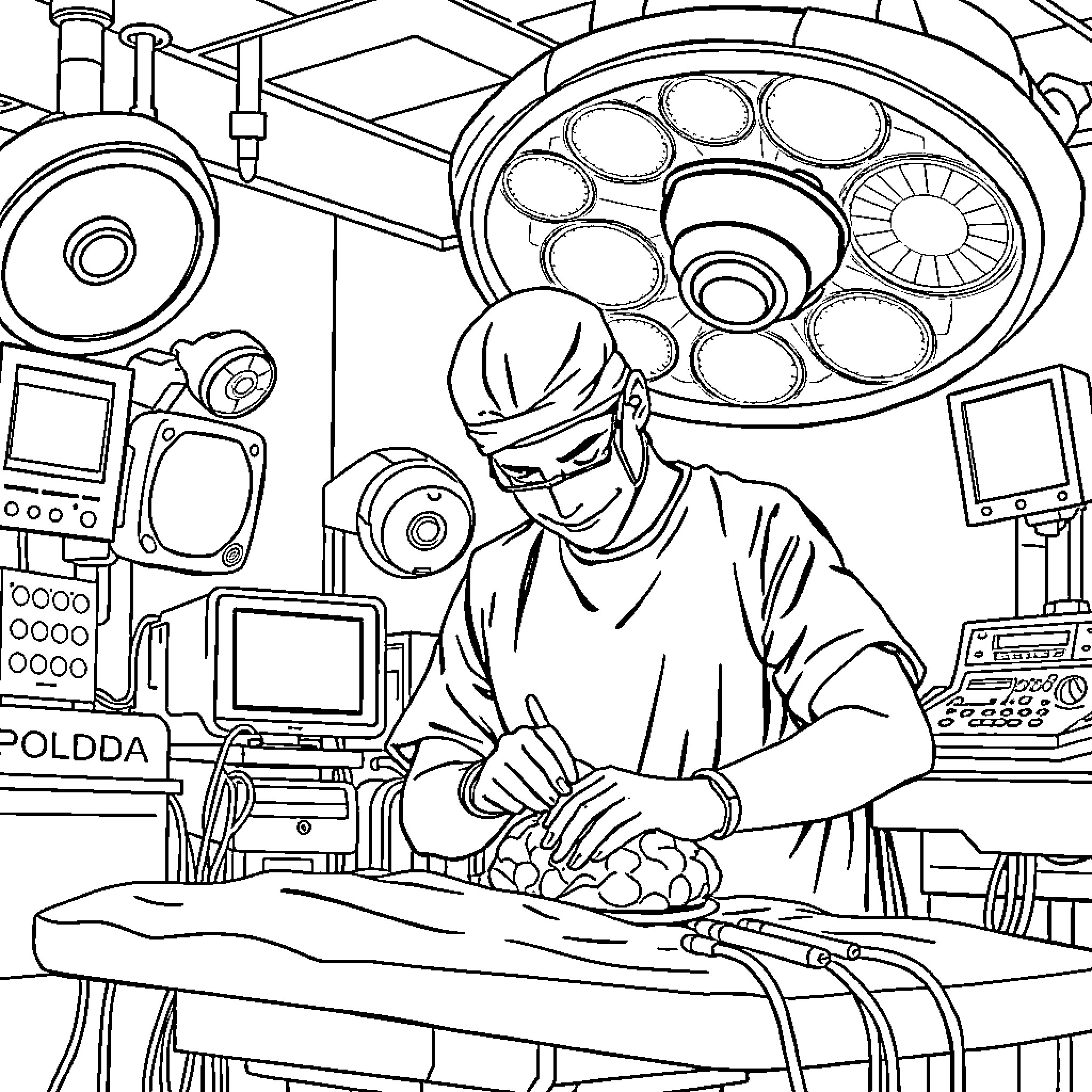 Doctor Performing Surgery in Operating Room Coloring Page (free black-and-white line drawing printable PDF for all, from beginners to advanced learners, including children, teens, adults, and seniors)