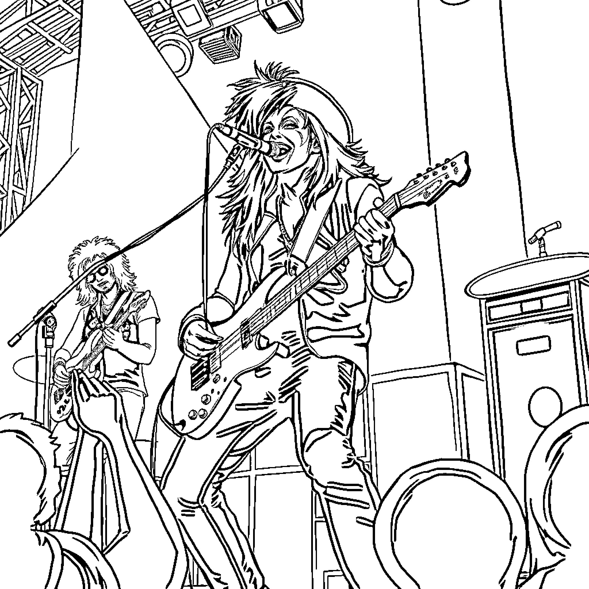 Huntrix band performing on stage Coloring Page (free black-and-white line drawing printable PDF for all, from beginners to advanced learners, including children, teens, adults, and seniors)