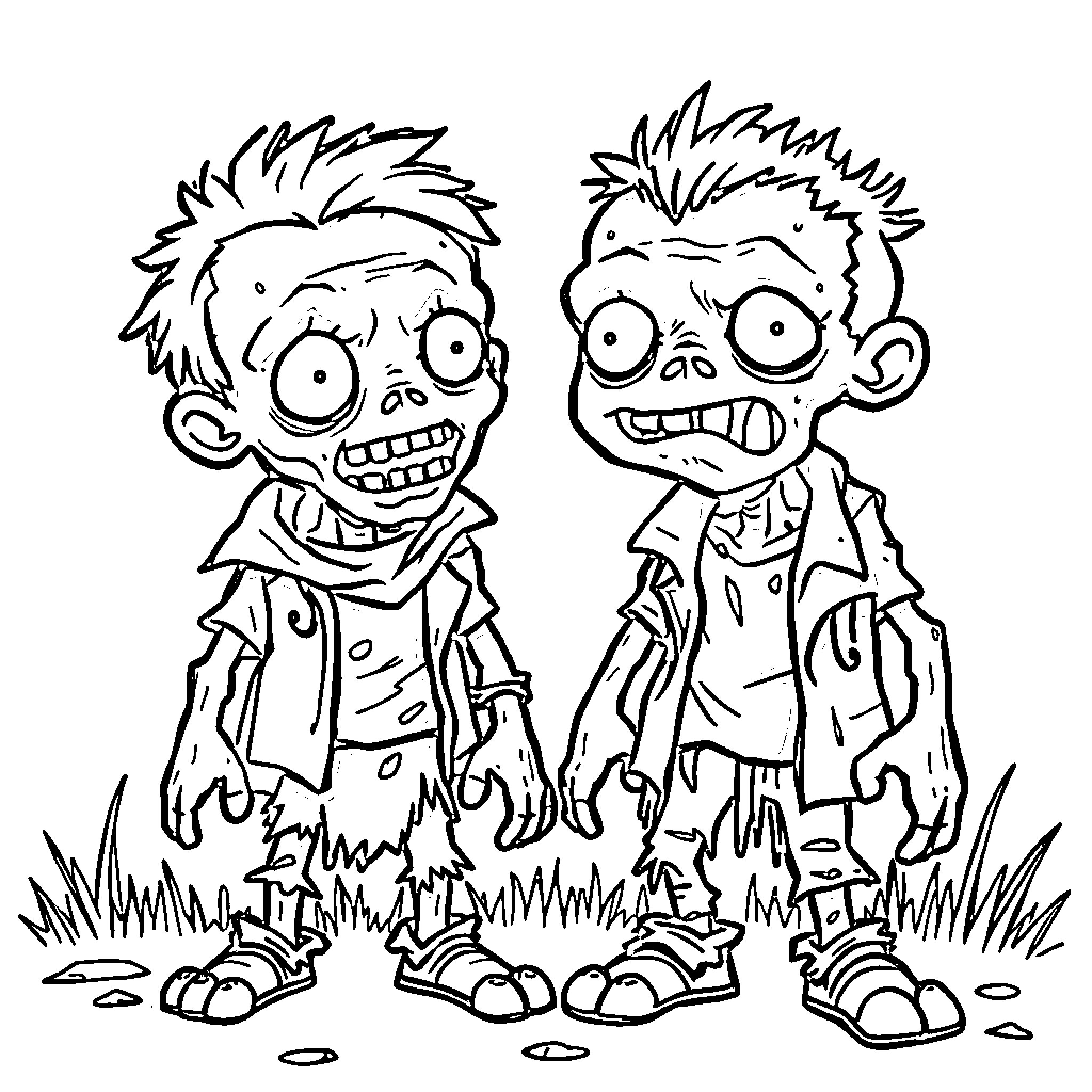 Bingo! Two Zany Zombie Caricatures Coloring Page (free black-and-white line drawing printable PDF for all, from beginners to advanced learners, including children, teens, adults, and seniors)