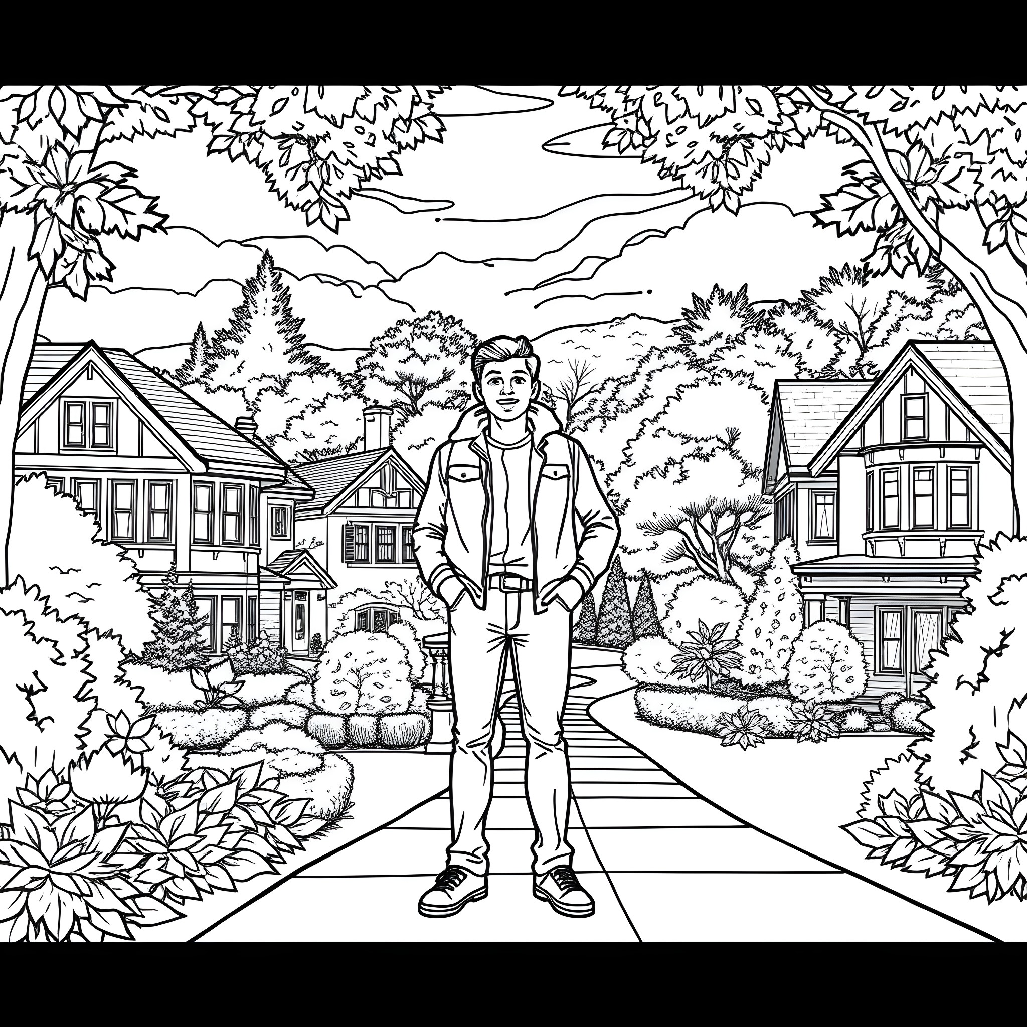Avi Zakutinski exploring a scenic neighborhood Coloring Page (free black-and-white line drawing printable PDF for all, from beginners to advanced learners, including children, teens, adults, and seniors)