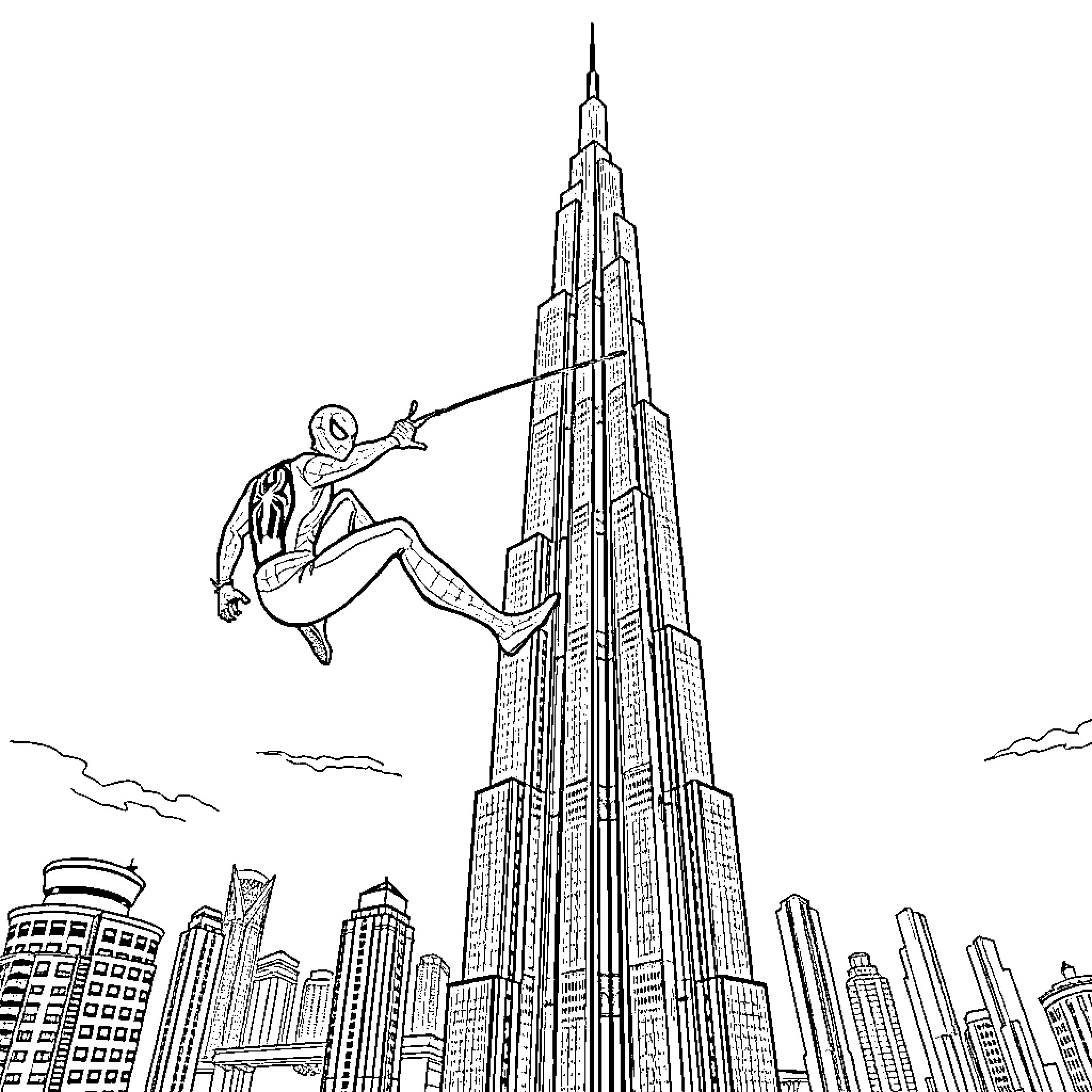 Spiderman swinging through the city skyline Coloring Page (free black-and-white line drawing printable PDF for all, from beginners to advanced learners, including children, teens, adults, and seniors)