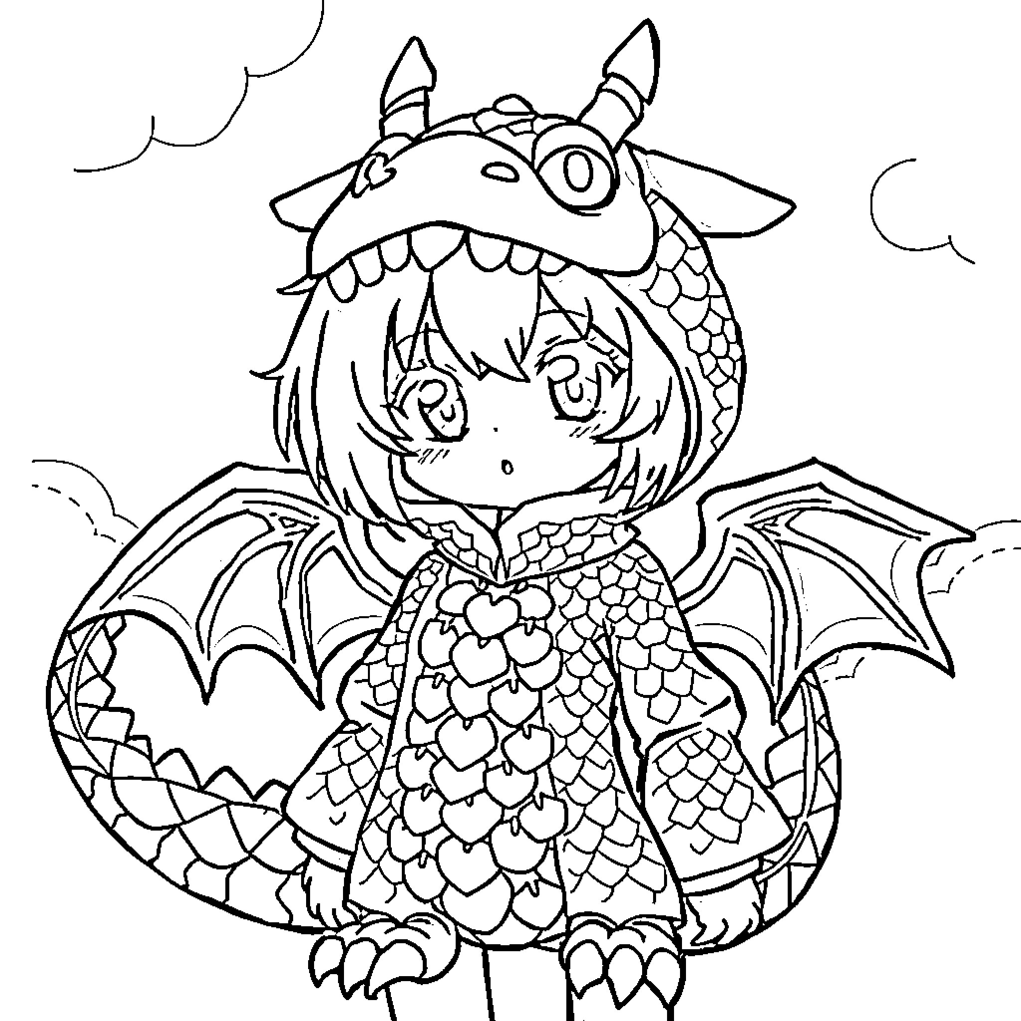 Anime Girl as Adorable Dragon Creature Coloring Page (free black-and-white line drawing printable PDF for all, from beginners to advanced learners, including children, teens, adults, and seniors)