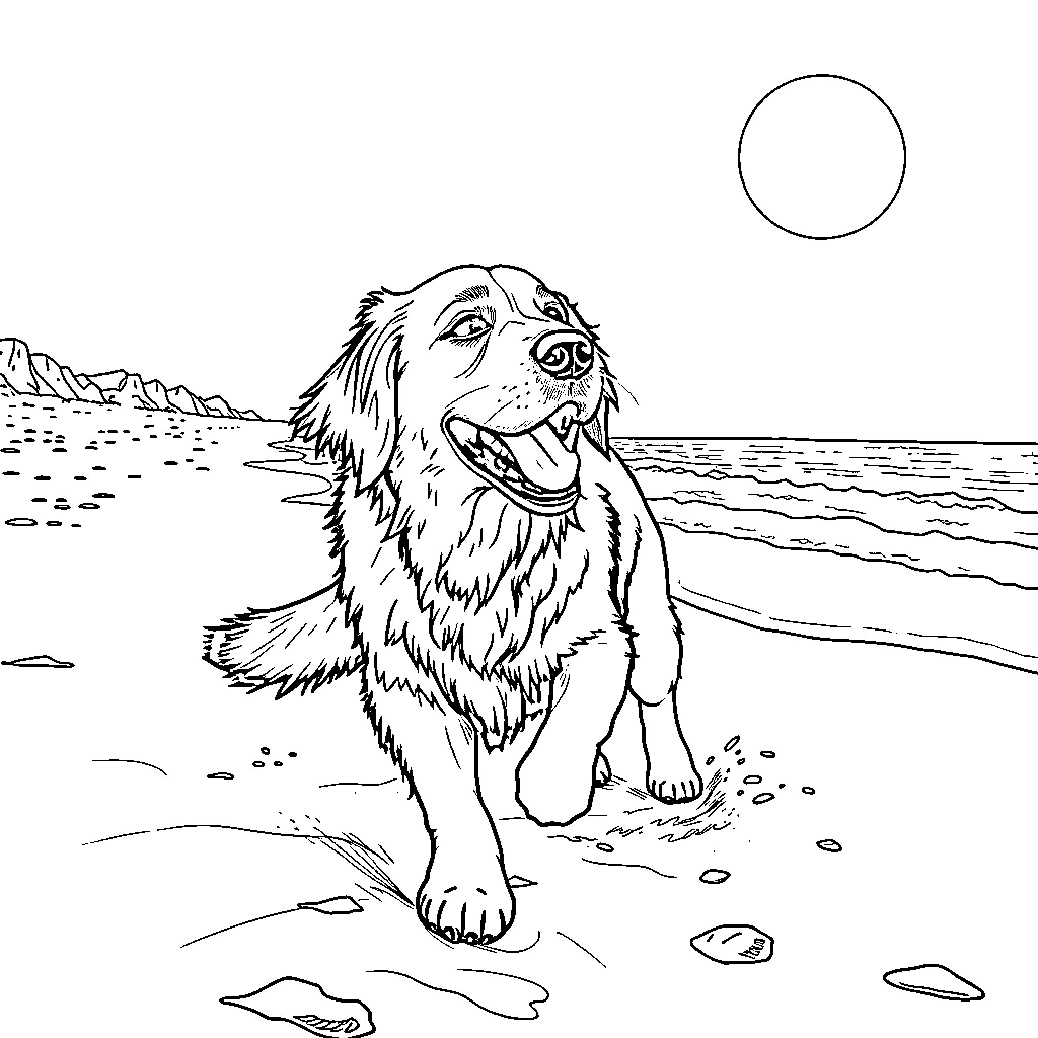 Retriever enjoying a sunny day at the beach Coloring Page (free black-and-white line drawing printable PDF for all, from beginners to advanced learners, including children, teens, adults, and seniors)
