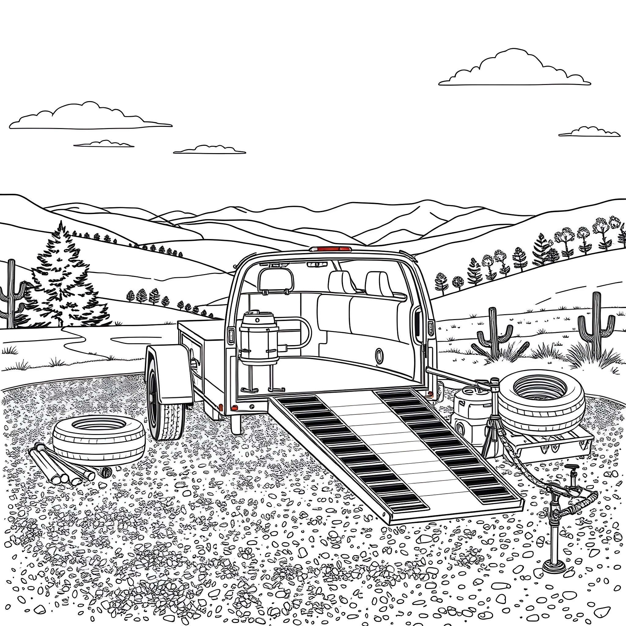Car Trailer Loaded with Camping and Adventure Gear Coloring Page (free black-and-white line drawing printable PDF for all, from beginners to advanced learners, including children, teens, adults, and seniors)
