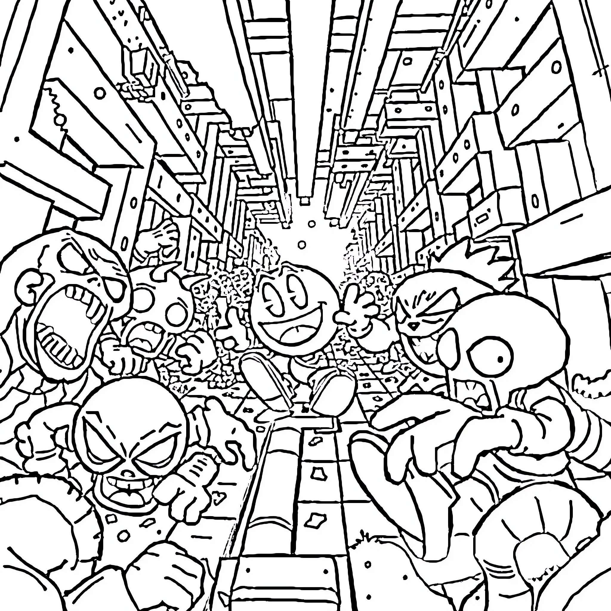 Pacman characters in a chaotic arcade scene Coloring Page (free black-and-white line drawing printable PDF for all, from beginners to advanced learners, including children, teens, adults, and seniors)