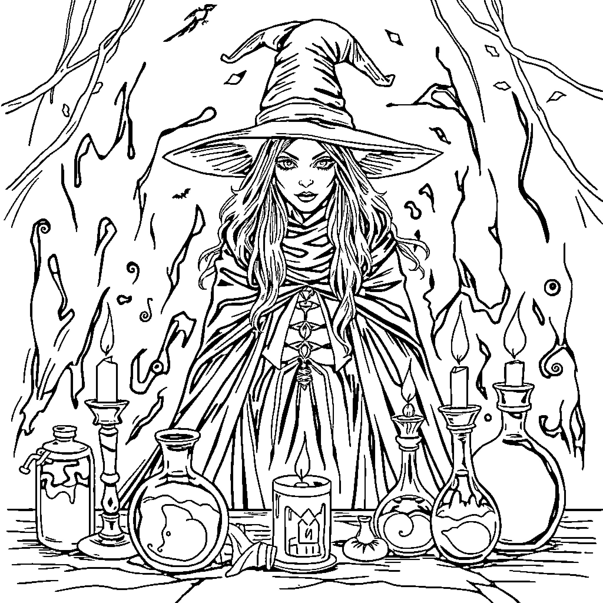 Witch performing spellcasting ritual with magical items Coloring Page (free black-and-white line drawing printable PDF for all, from beginners to advanced learners, including children, teens, adults, and seniors)