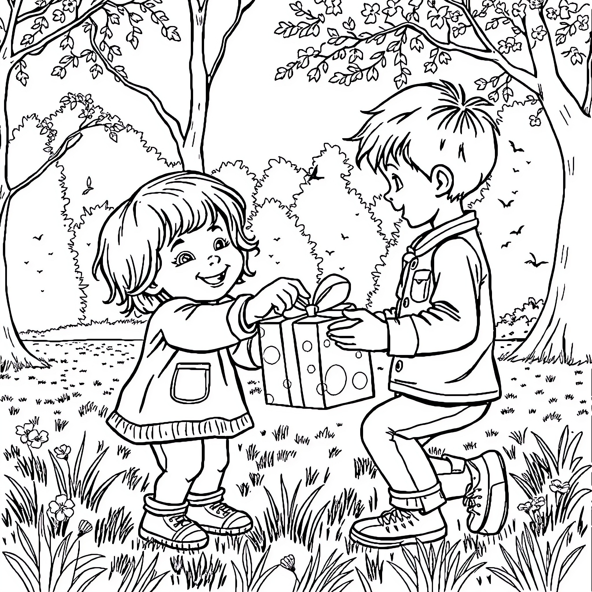 Child Sharing a Gift in the Forest Coloring Page (free black-and-white line drawing printable PDF for all, from beginners to advanced learners, including children, teens, adults, and seniors)