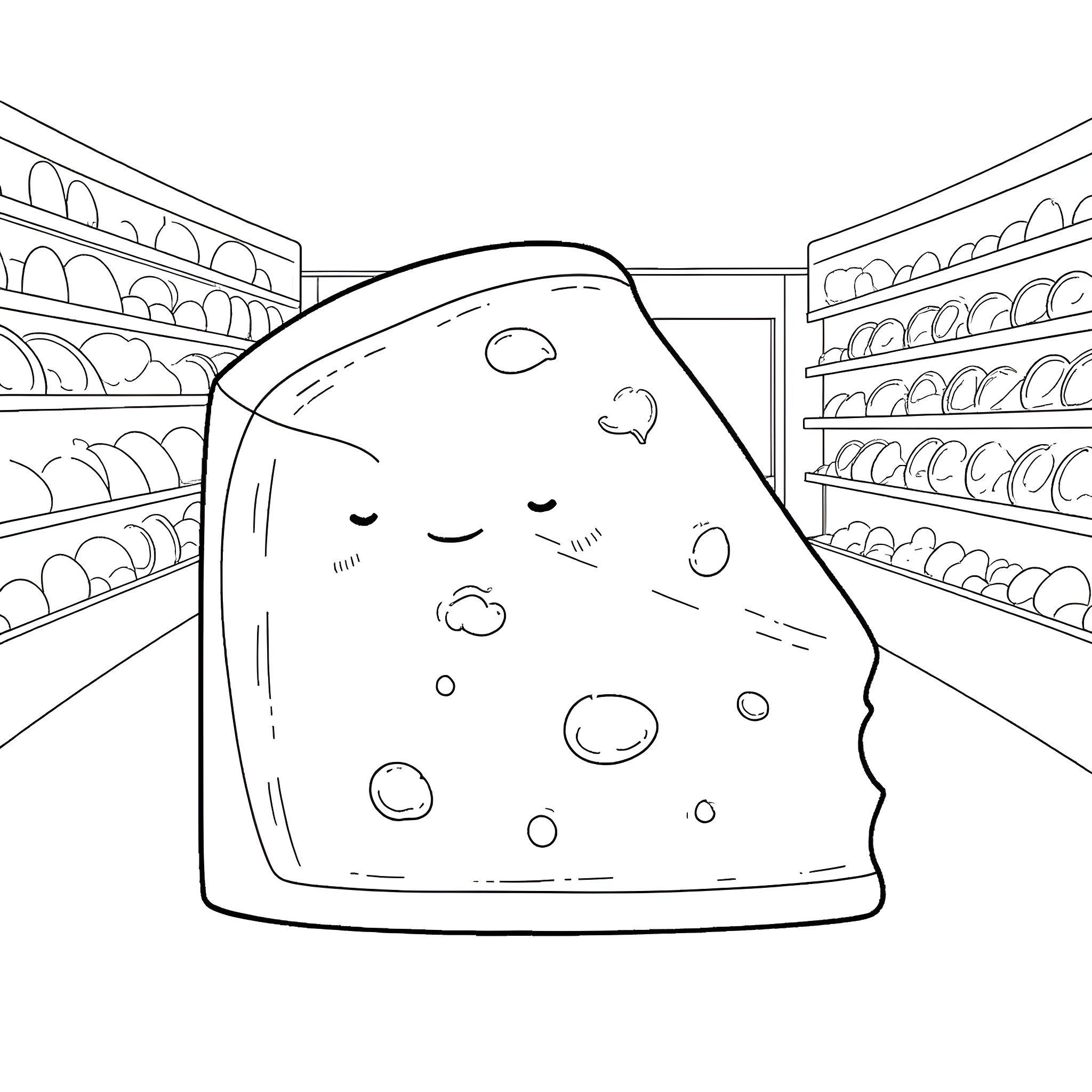 Cheese block resting in the grocery store Coloring Page (free black-and-white line drawing printable PDF for all, from beginners to advanced learners, including children, teens, adults, and seniors)