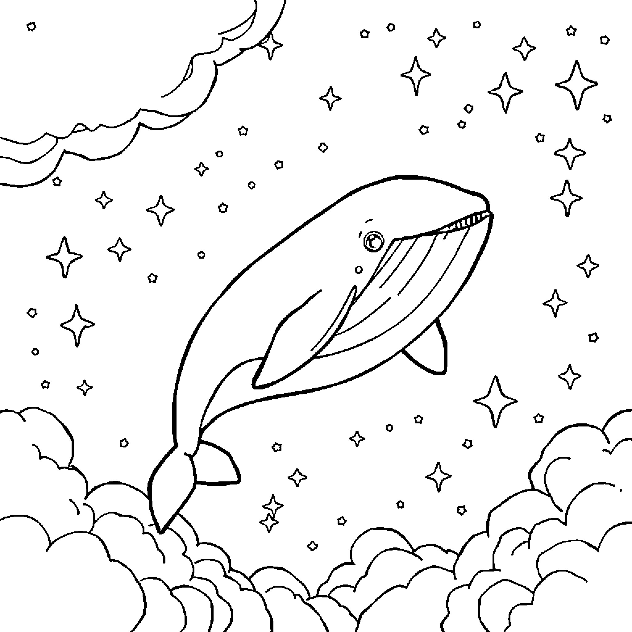 Whale swimming among stars in the night sky Coloring Page (free black-and-white line drawing printable PDF for all, from beginners to advanced learners, including children, teens, adults, and seniors)