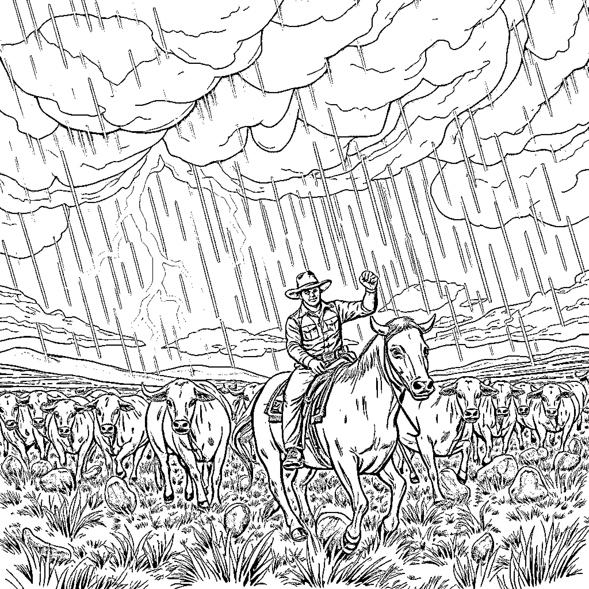 Rancher herding cattle through a rugged landscape Coloring Page (free black-and-white line drawing printable PDF for all, from beginners to advanced learners, including children, teens, adults, and seniors)