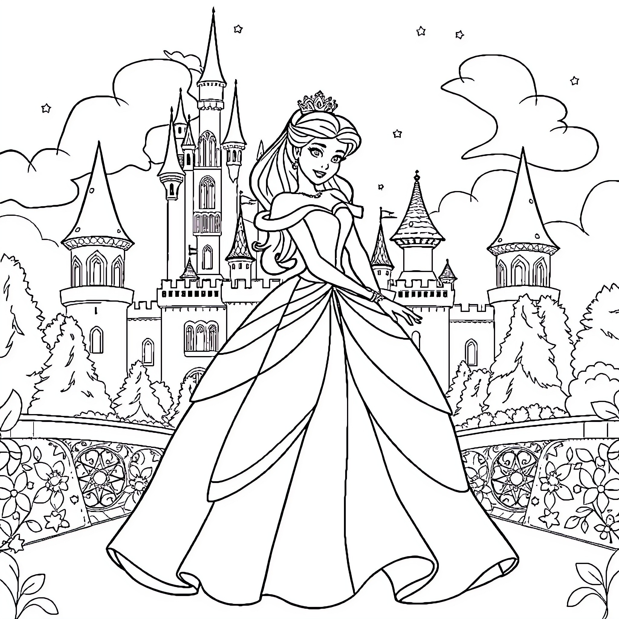 Disney Princess in a Royal Castle Garden Coloring Page (free black-and-white line drawing printable PDF for all, from beginners to advanced learners, including children, teens, adults, and seniors)