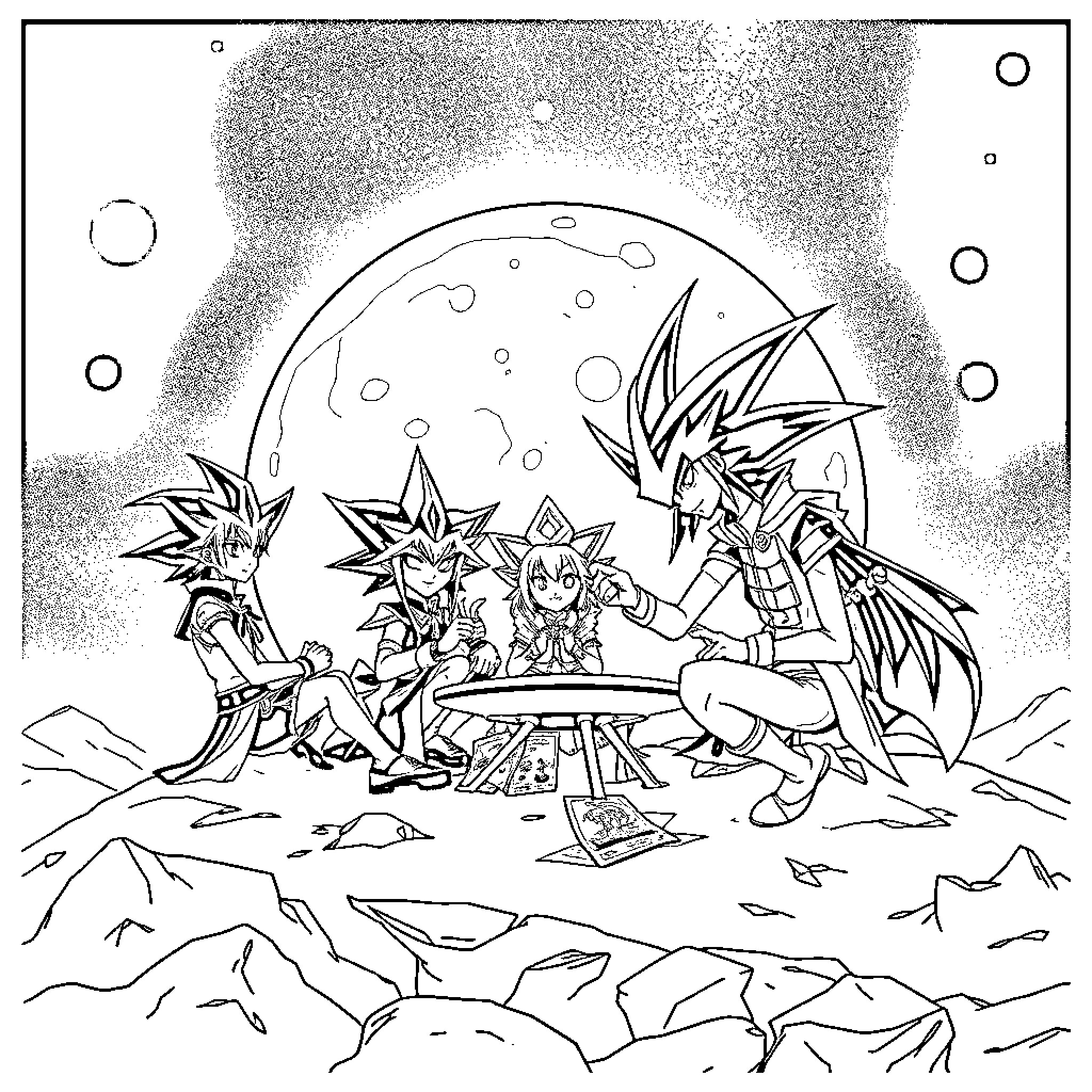 Yu-Gi-Oh characters playing game under night sky Coloring Page (free black-and-white line drawing printable PDF for all, from beginners to advanced learners, including children, teens, adults, and seniors)