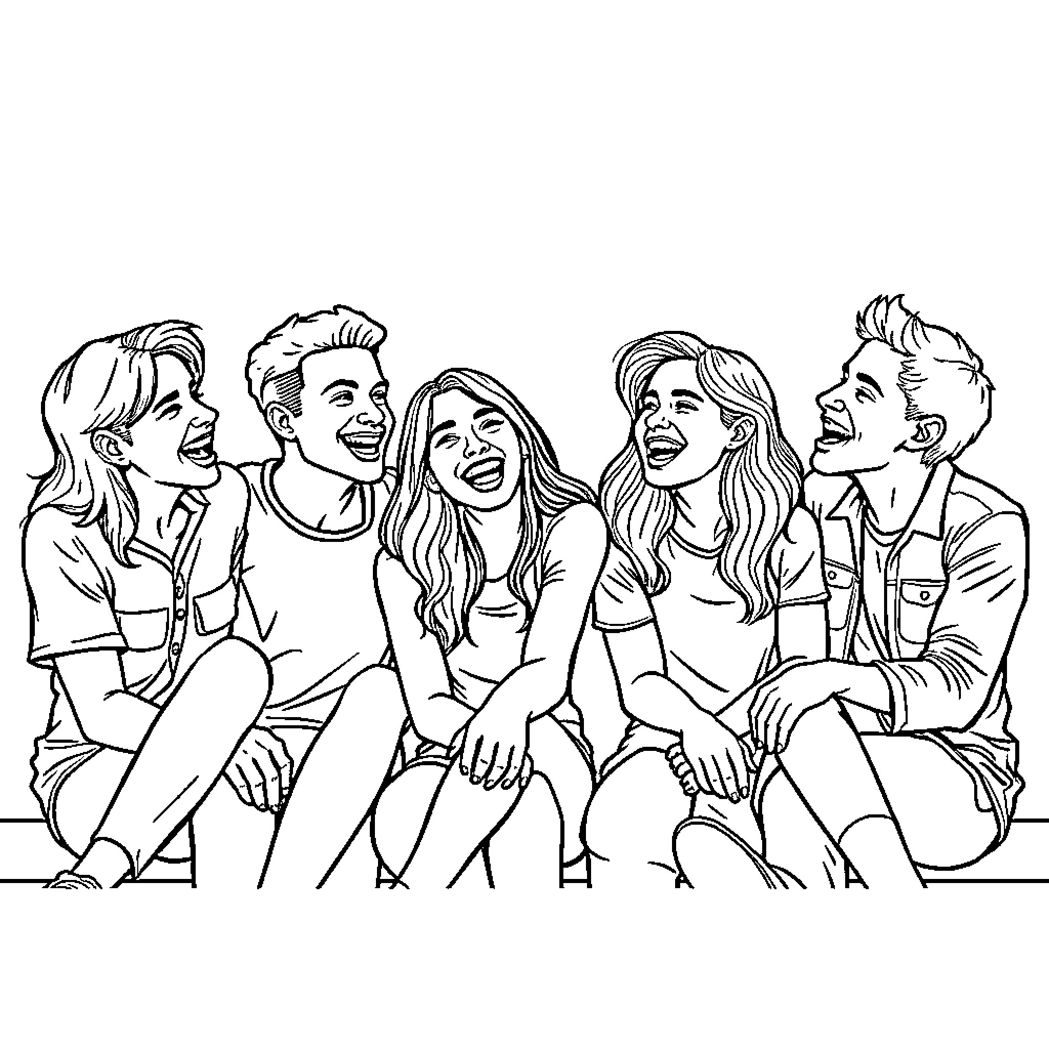 Friend group enjoying laughter and conversation Coloring Page (free black-and-white line drawing printable PDF for all, from beginners to advanced learners, including children, teens, adults, and seniors)