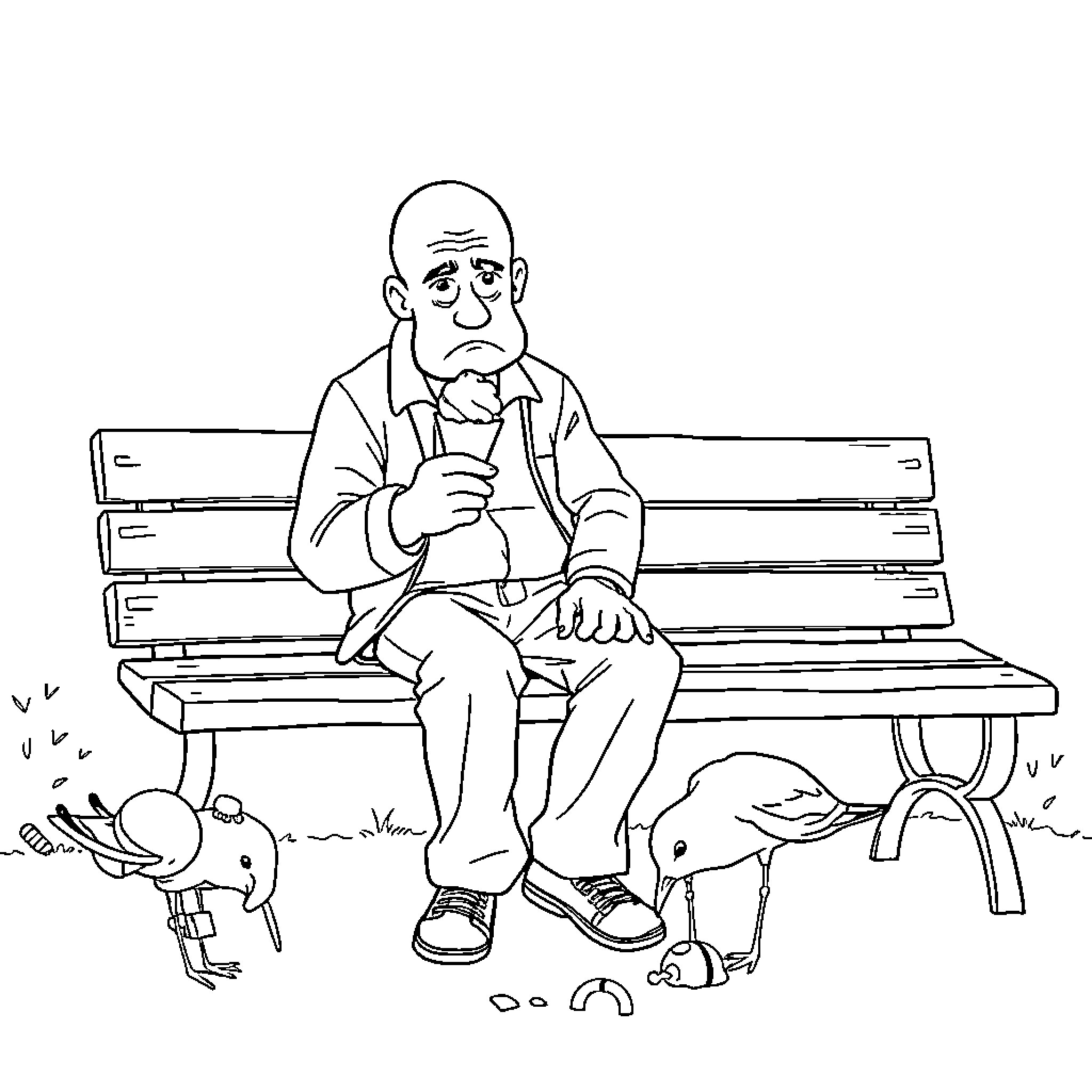 Man sitting on bench with toy animals Coloring Page (free black-and-white line drawing printable PDF for all, from beginners to advanced learners, including children, teens, adults, and seniors)