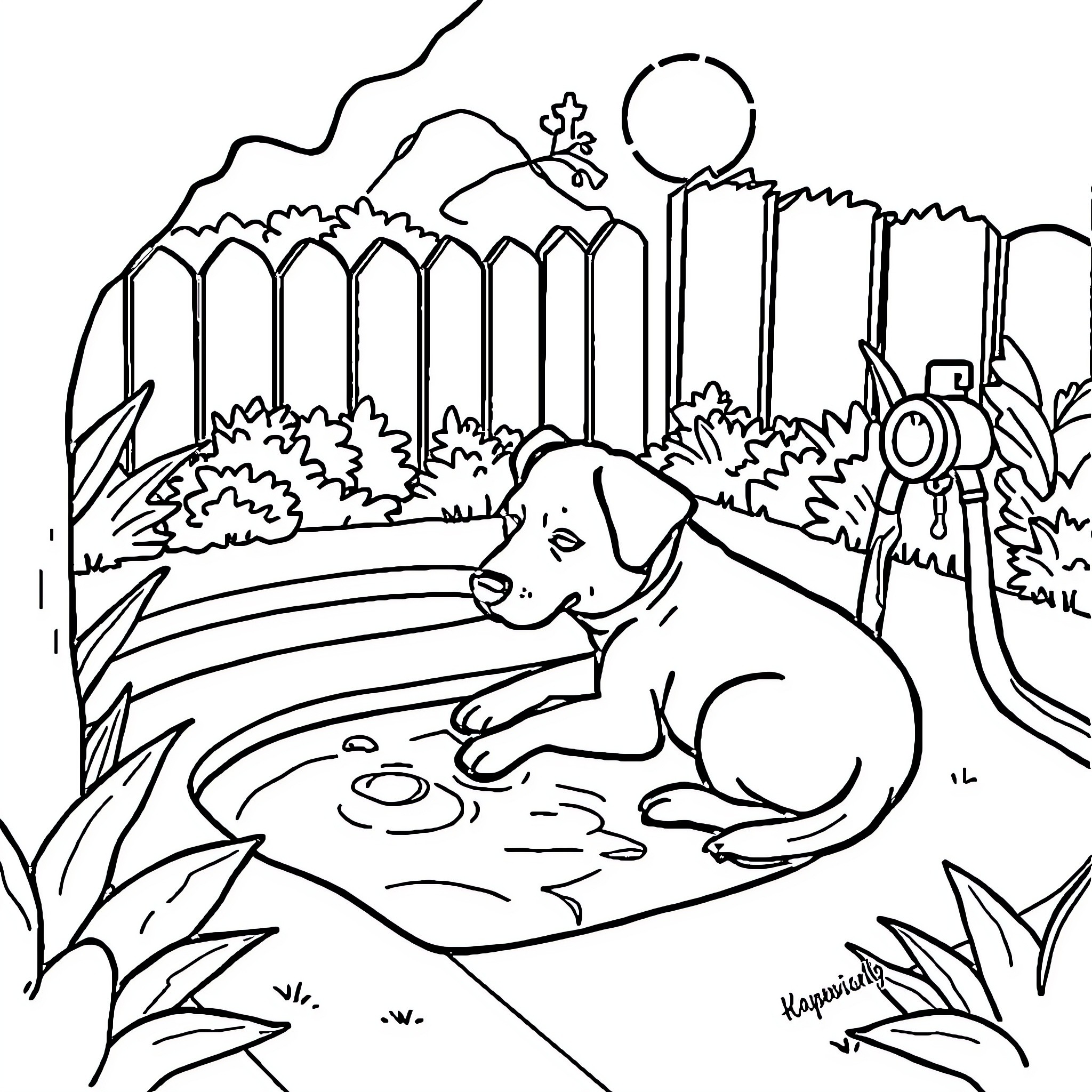 Dog enjoying water in the backyard Coloring Page (free black-and-white line drawing printable PDF for all, from beginners to advanced learners, including children, teens, adults, and seniors)