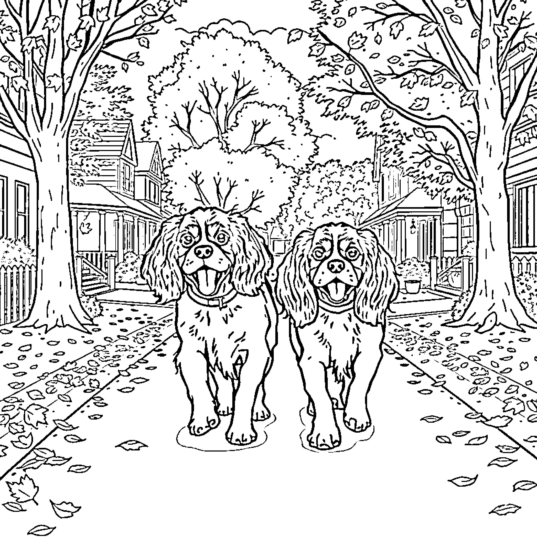 Cavalier King Charles Spaniels enjoying a stroll in the park Coloring Page (free black-and-white line drawing printable PDF for all, from beginners to advanced learners, including children, teens, adults, and seniors)