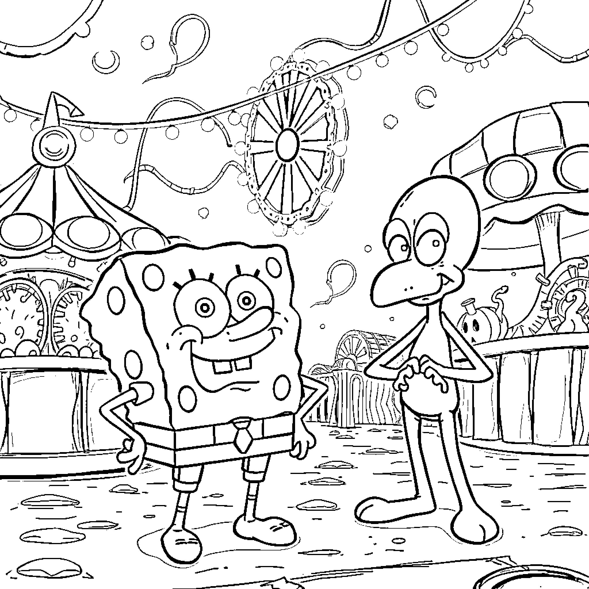 Spongebob and Patrick at the Amusement Park Coloring Page (free black-and-white line drawing printable PDF for all, from beginners to advanced learners, including children, teens, adults, and seniors)