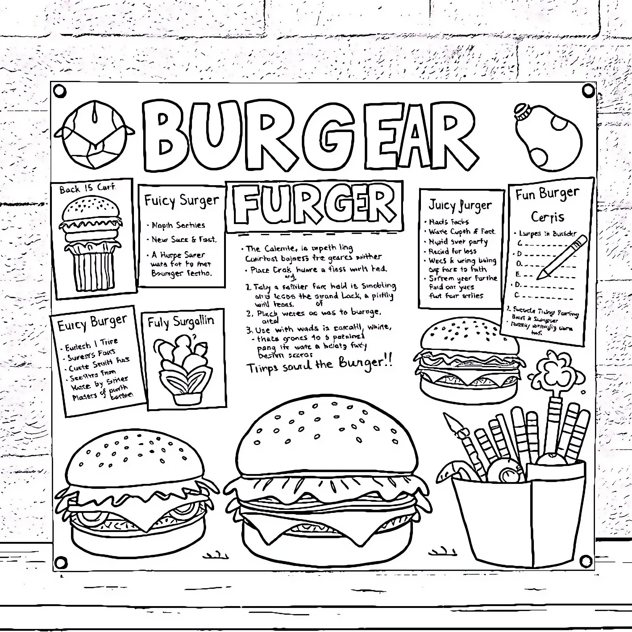 Burger Furger: Exploring Different Types of Burgers Coloring Page (free black-and-white line drawing printable PDF for all, from beginners to advanced learners, including children, teens, adults, and seniors)