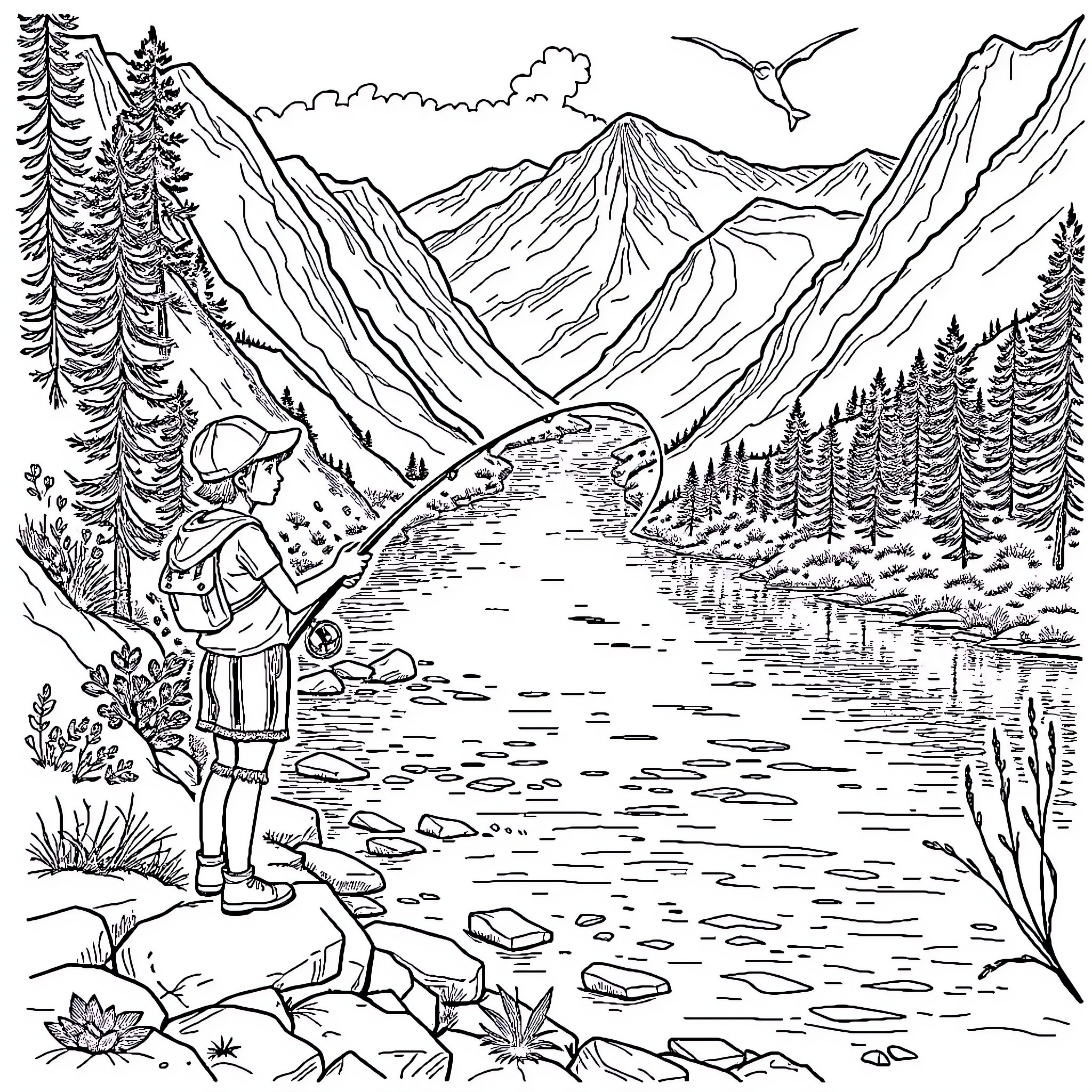Girl hiking through picturesque mountain landscape Coloring Page (free black-and-white line drawing printable PDF for all, from beginners to advanced learners, including children, teens, adults, and seniors)