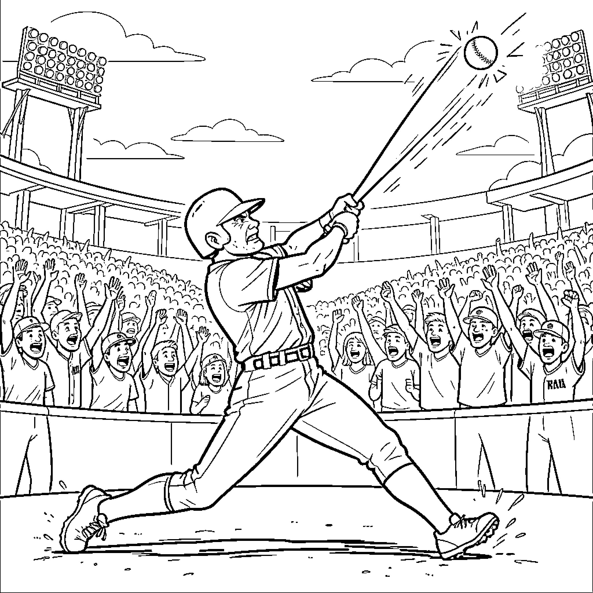Baseball Player Hitting a Home Run in a Crowded Stadium Coloring Page (free black-and-white line drawing printable PDF for all, from beginners to advanced learners, including children, teens, adults, and seniors)