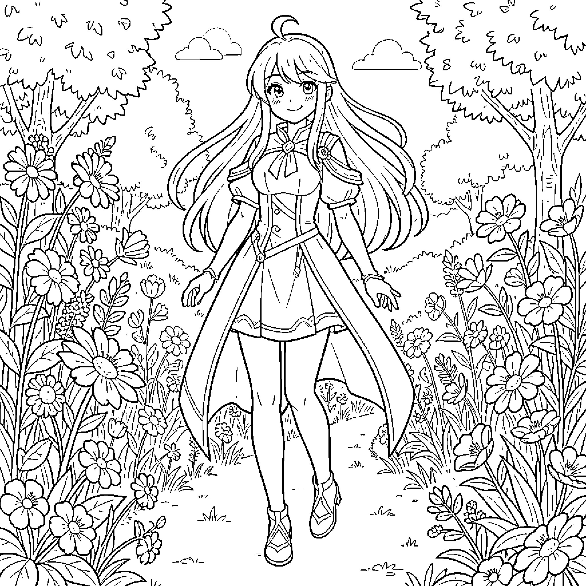 Furina's Enchanting Nature Adventure Coloring Page (free black-and-white line drawing printable PDF for all, from beginners to advanced learners, including children, teens, adults, and seniors)