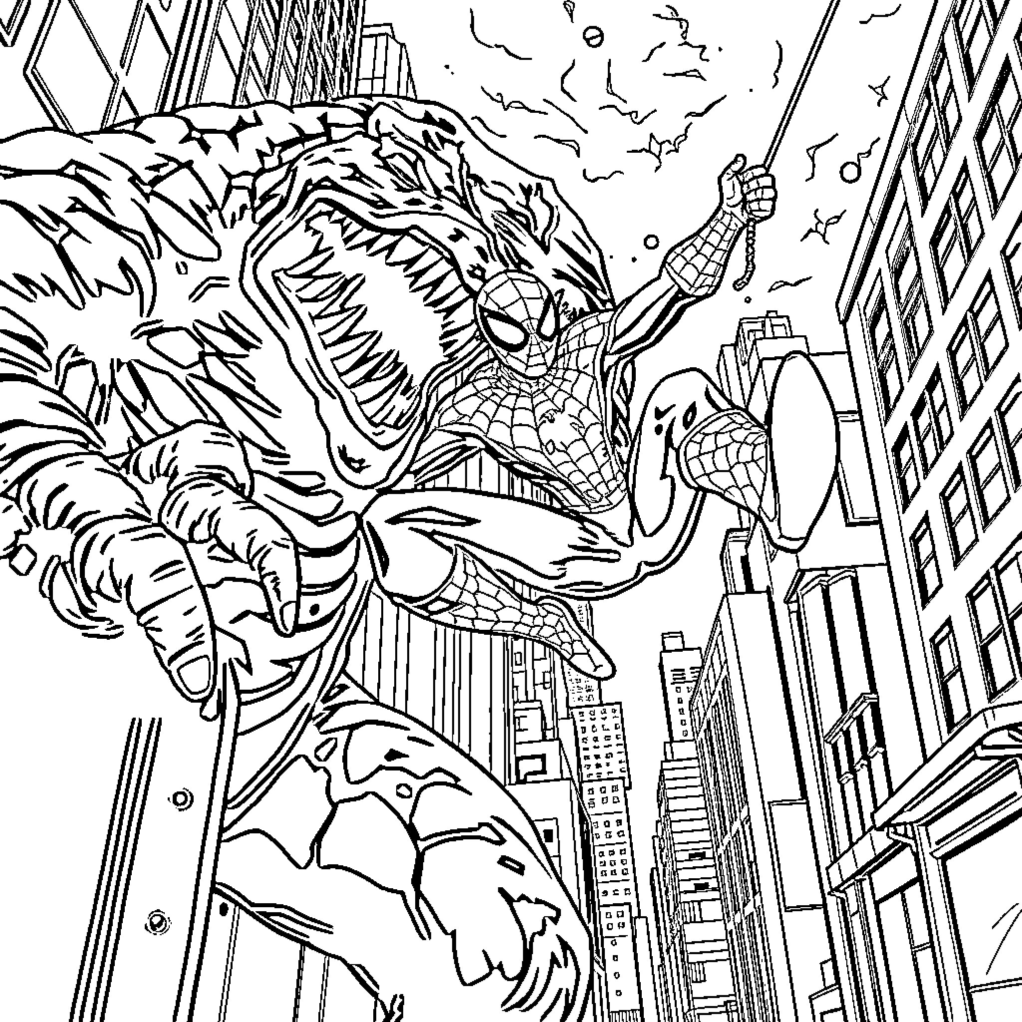 Spider-Man battling a monstrous villain in the city Coloring Page (free black-and-white line drawing printable PDF for all, from beginners to advanced learners, including children, teens, adults, and seniors)