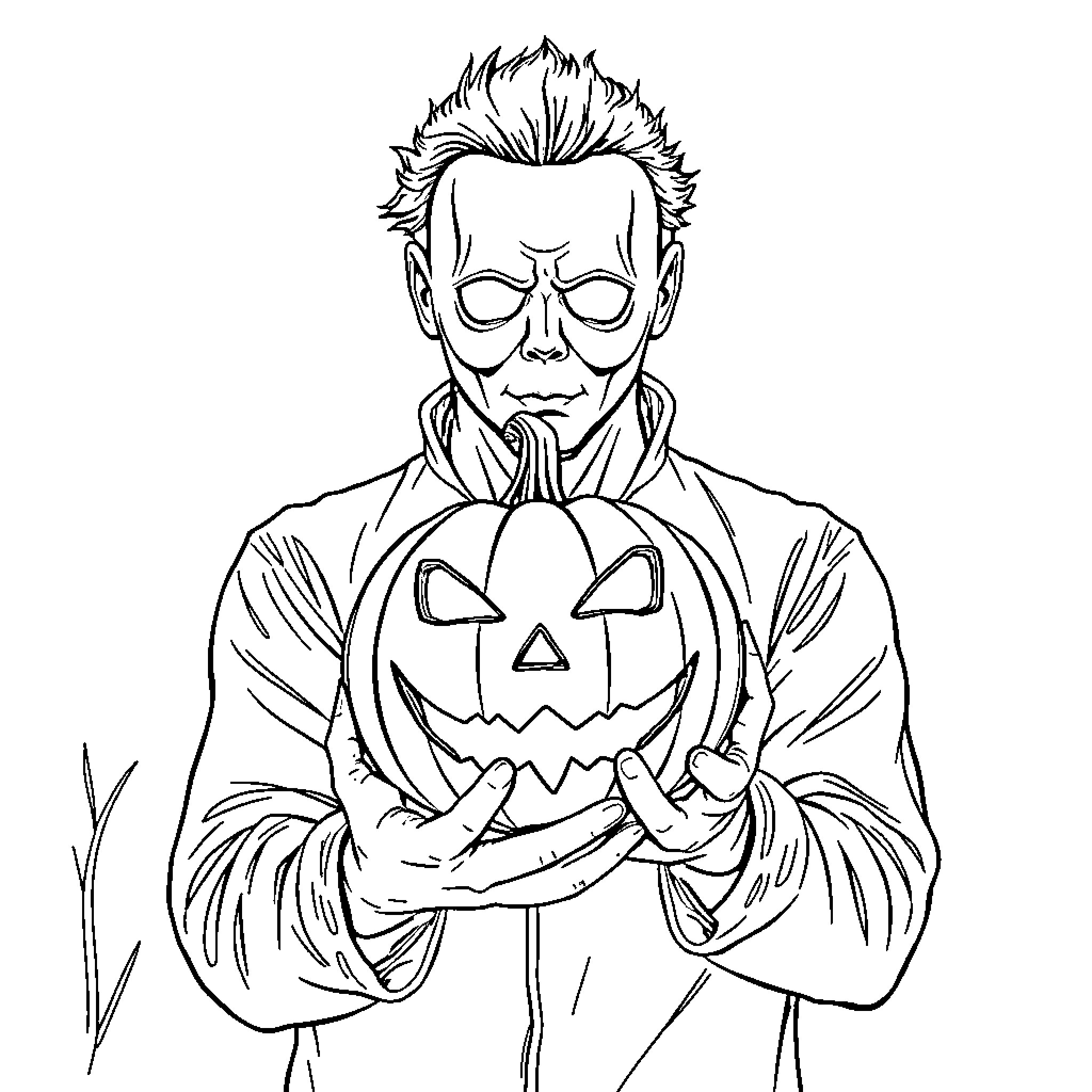 Michael Myers in Halloween Costume with Carved Pumpkin Coloring Page (free black-and-white line drawing printable PDF for all, from beginners to advanced learners, including children, teens, adults, and seniors)