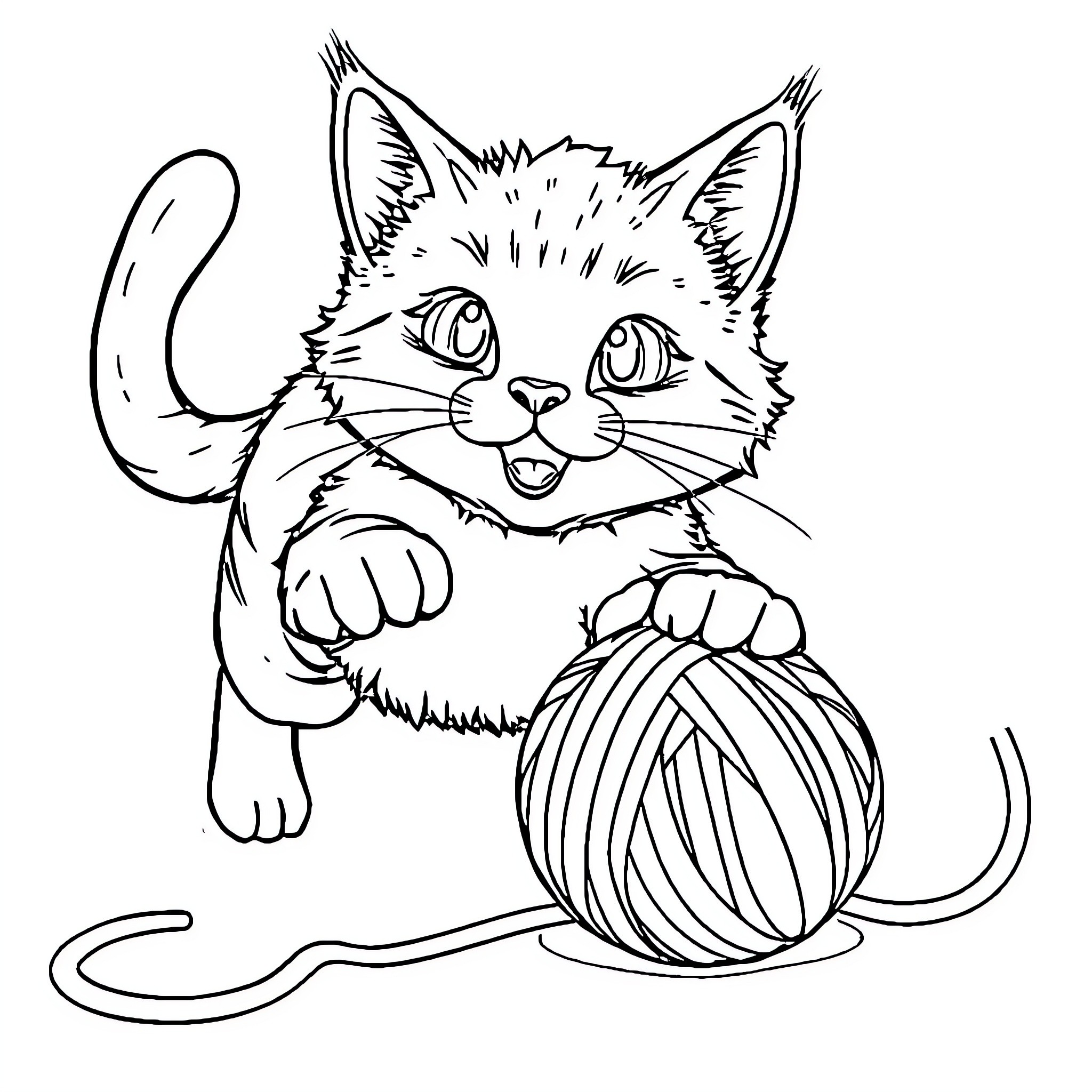 Cat playing with a ball of yarn Coloring Page (free black-and-white line drawing printable PDF for all, from beginners to advanced learners, including children, teens, adults, and seniors)