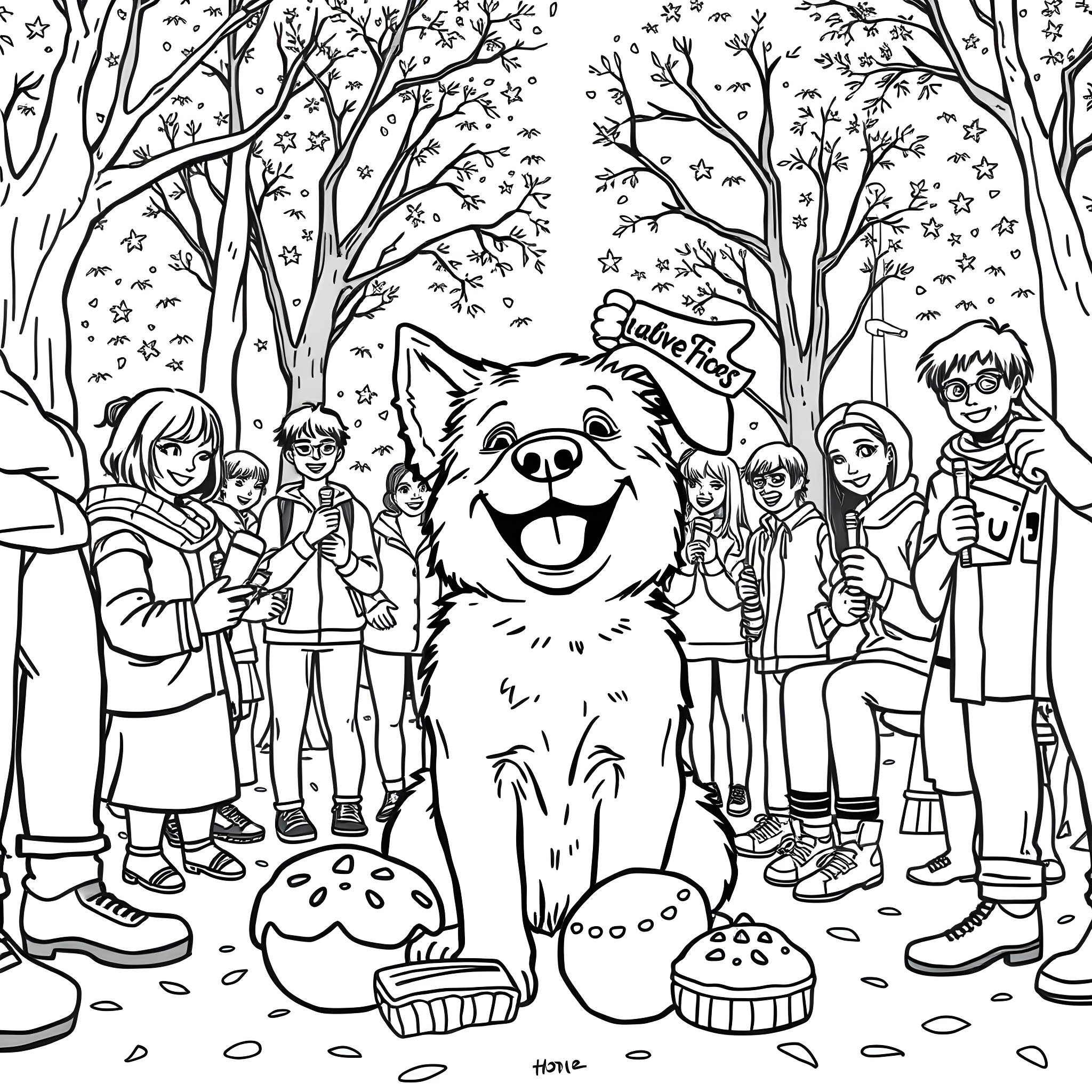 Dog enjoying a party with children in the forest Coloring Page (free black-and-white line drawing printable PDF for all, from beginners to advanced learners, including children, teens, adults, and seniors)