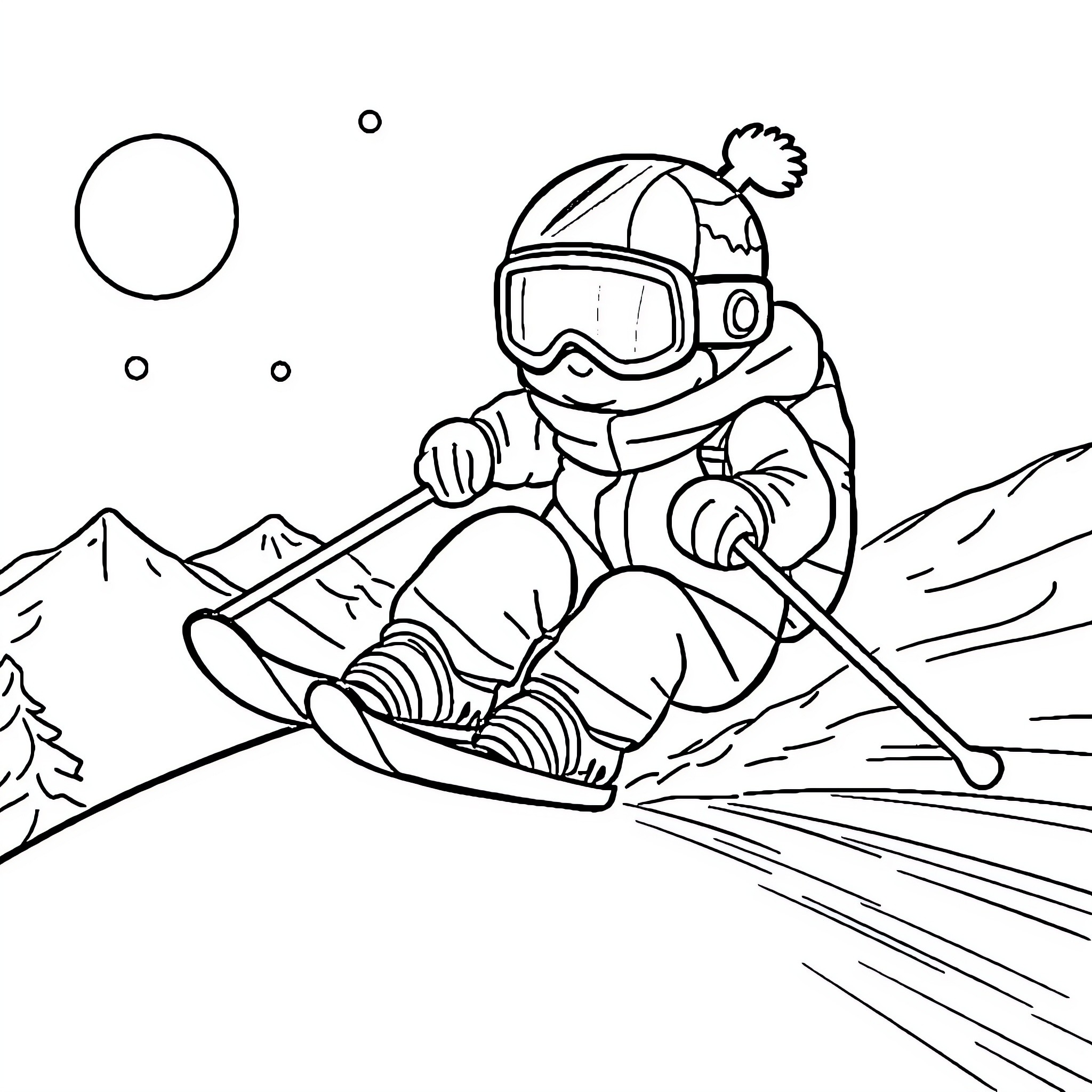 Labubu snowboarding down the slopes Coloring Page (free black-and-white line drawing printable PDF for all, from beginners to advanced learners, including children, teens, adults, and seniors)