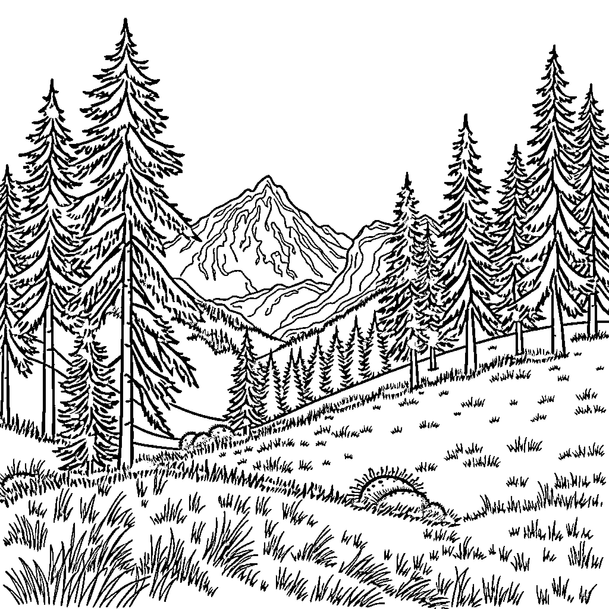 Mountain Landscape with Evergreen Trees and Scenic Trail Coloring Page (free black-and-white line drawing printable PDF for all, from beginners to advanced learners, including children, teens, adults, and seniors)