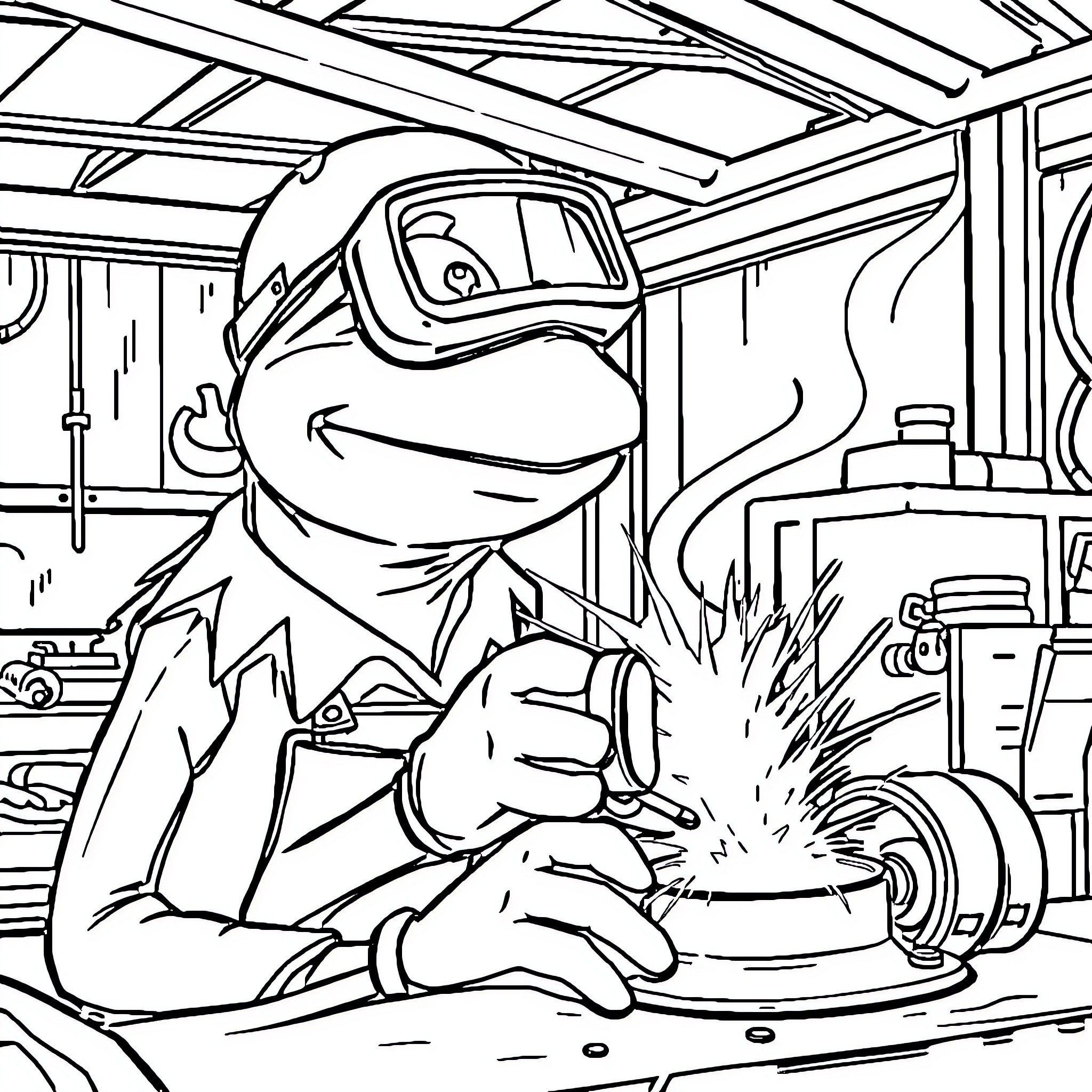 Kermit the Frog welding in a workshop Coloring Page (free black-and-white line drawing printable PDF for all, from beginners to advanced learners, including children, teens, adults, and seniors)