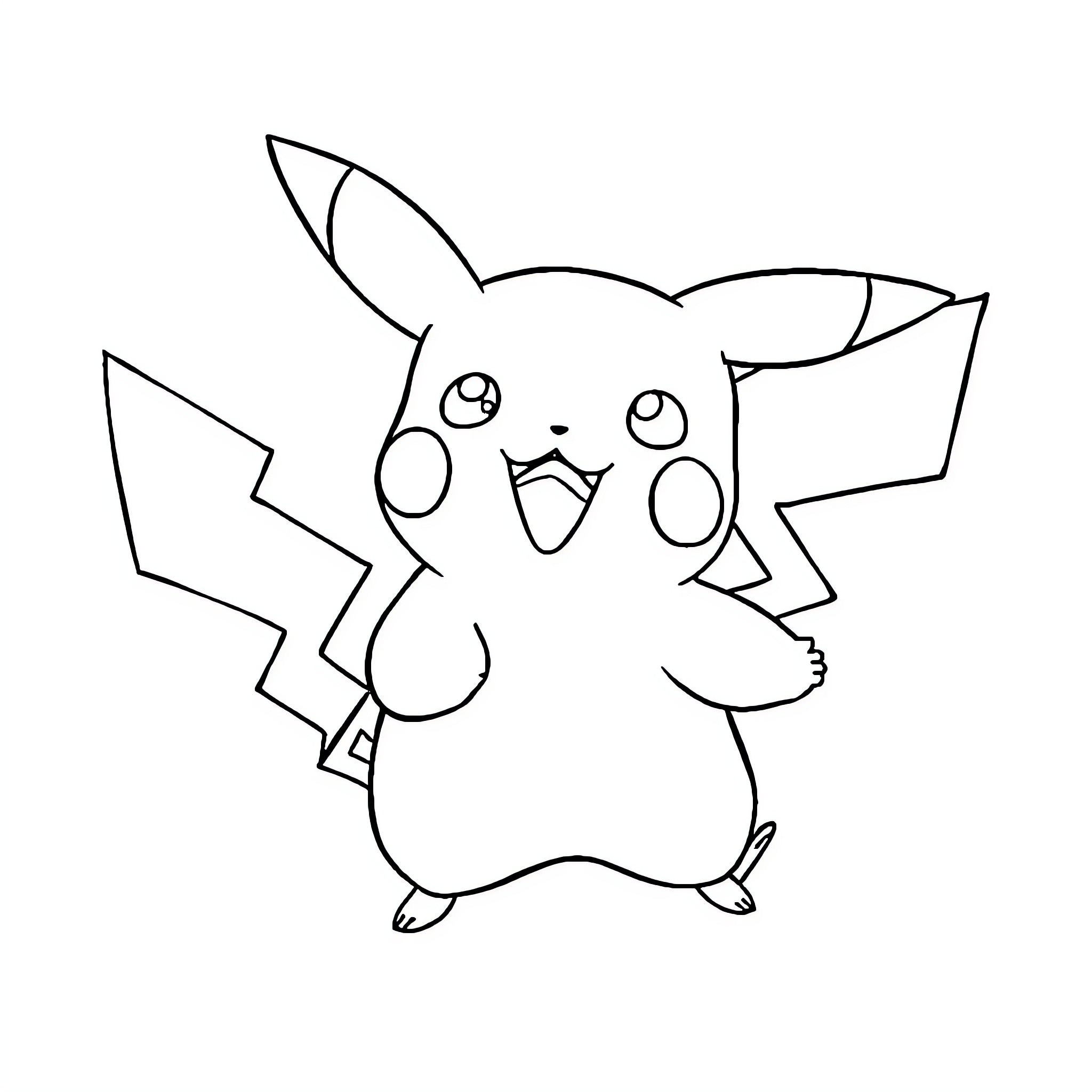 Pikachu joyfully posing Coloring Page (free black-and-white line drawing printable PDF for all, from beginners to advanced learners, including children, teens, adults, and seniors)