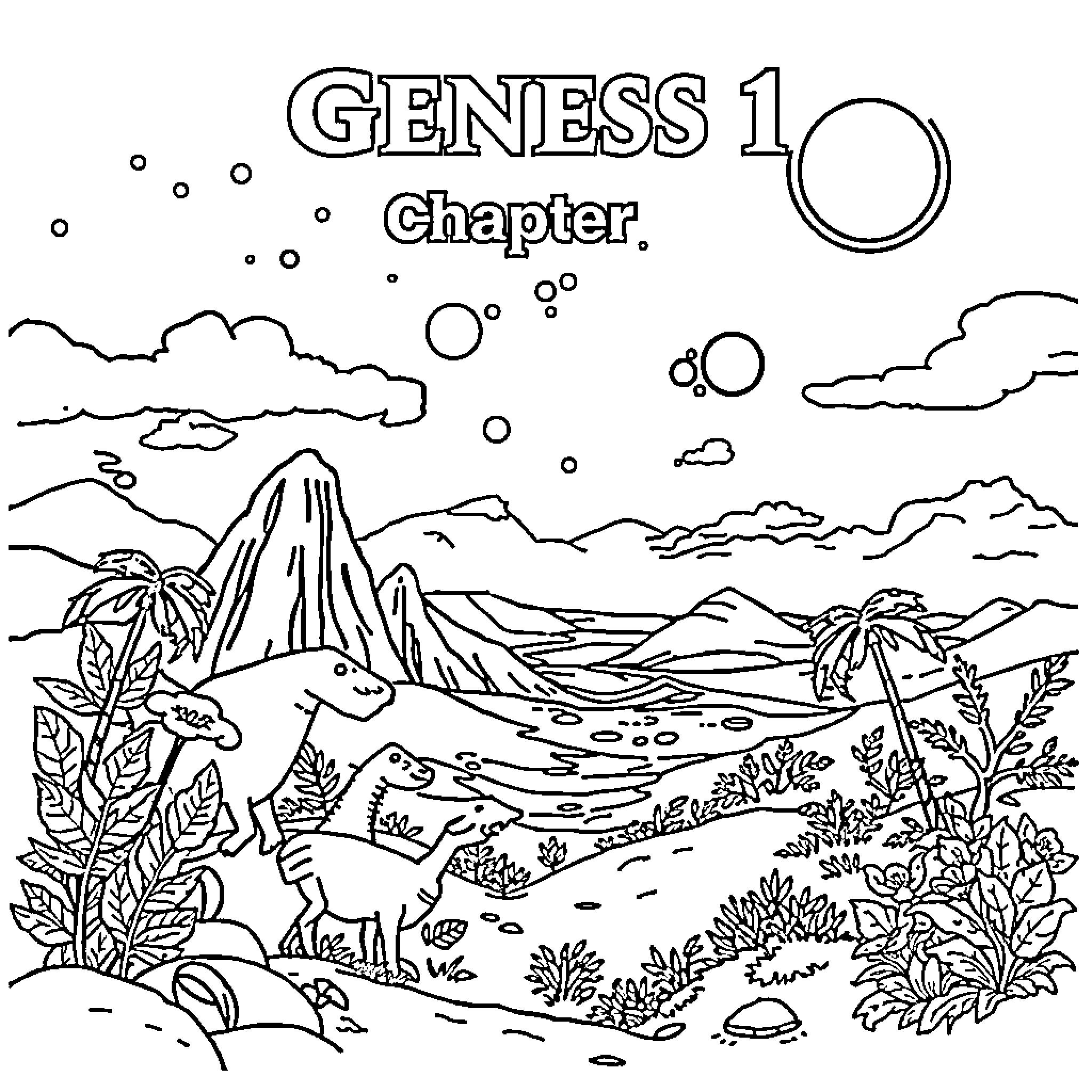 Genesis 1: Landscape with Prehistoric Creatures Coloring Page (free black-and-white line drawing printable PDF for all, from beginners to advanced learners, including children, teens, adults, and seniors)
