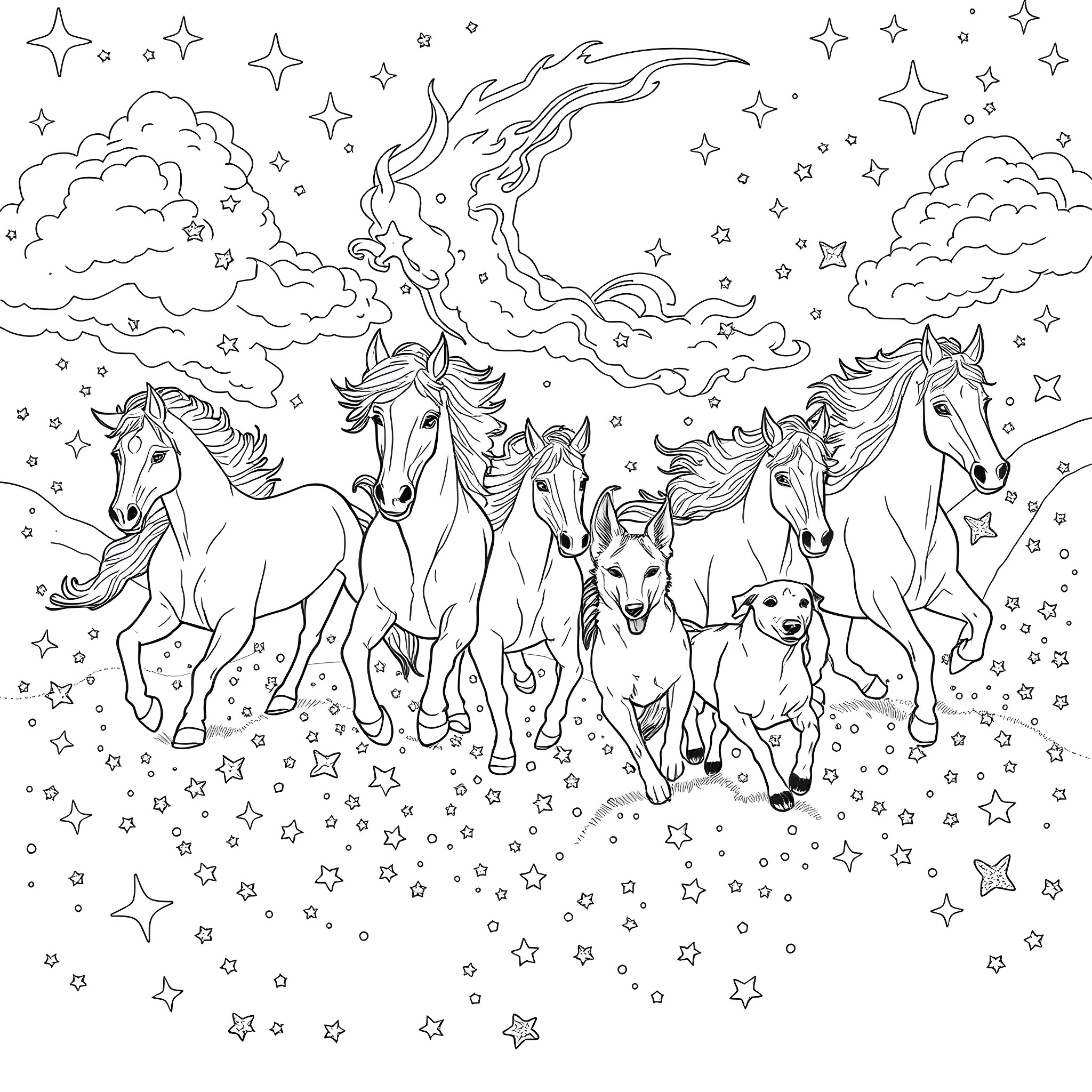Horse Herd Running through Starry Night Landscape Coloring Page (free black-and-white line drawing printable PDF for all, from beginners to advanced learners, including children, teens, adults, and seniors)