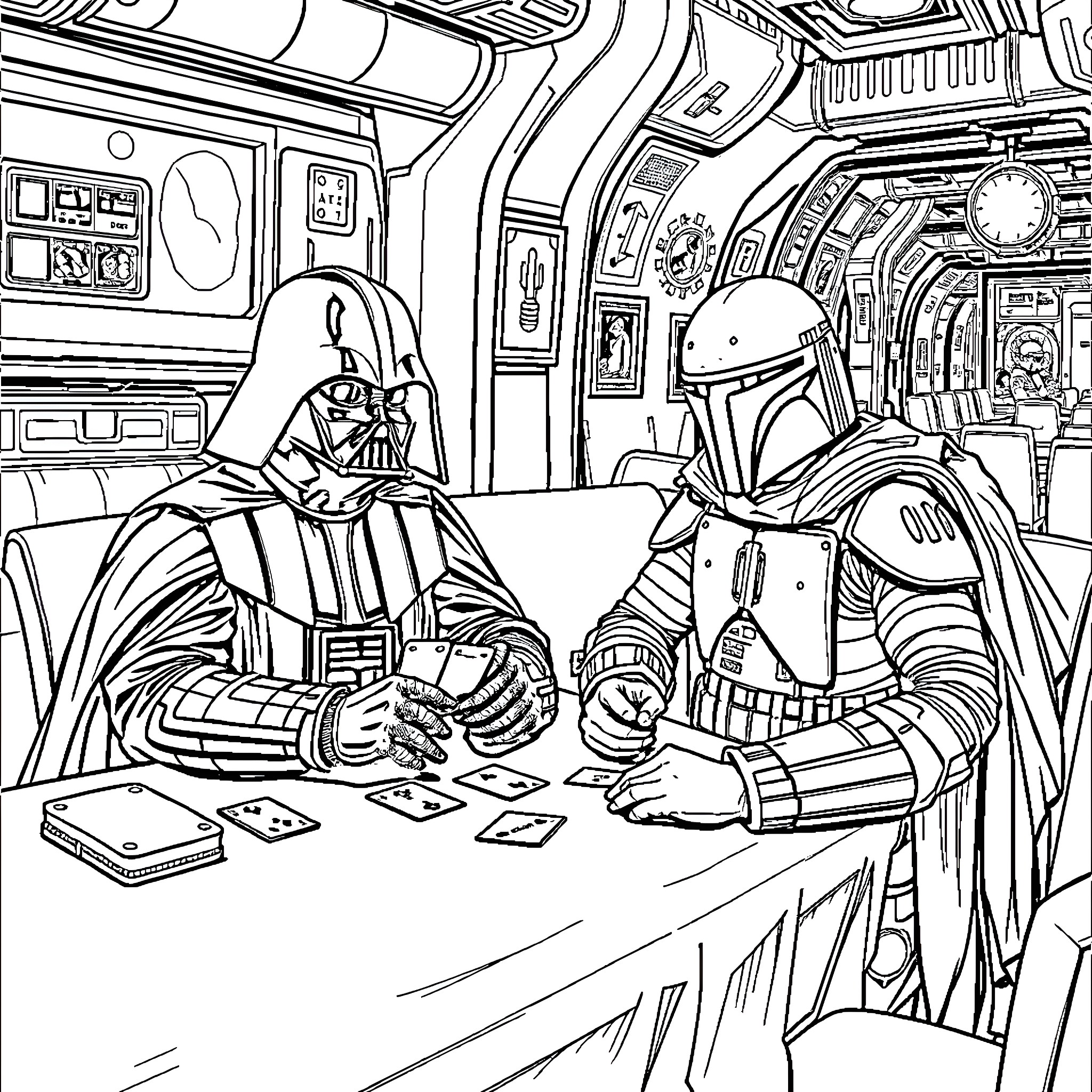 Darth Vader playing cards with Boba Fett in the Death Star Coloring Page (free black-and-white line drawing printable PDF for all, from beginners to advanced learners, including children, teens, adults, and seniors)