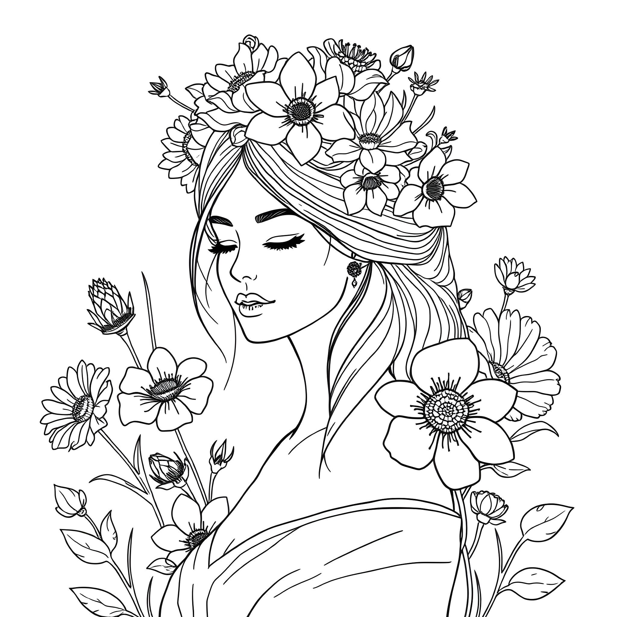 Woman with floral crown surrounded by flowers Coloring Page (free black-and-white line drawing printable PDF for all, from beginners to advanced learners, including children, teens, adults, and seniors)