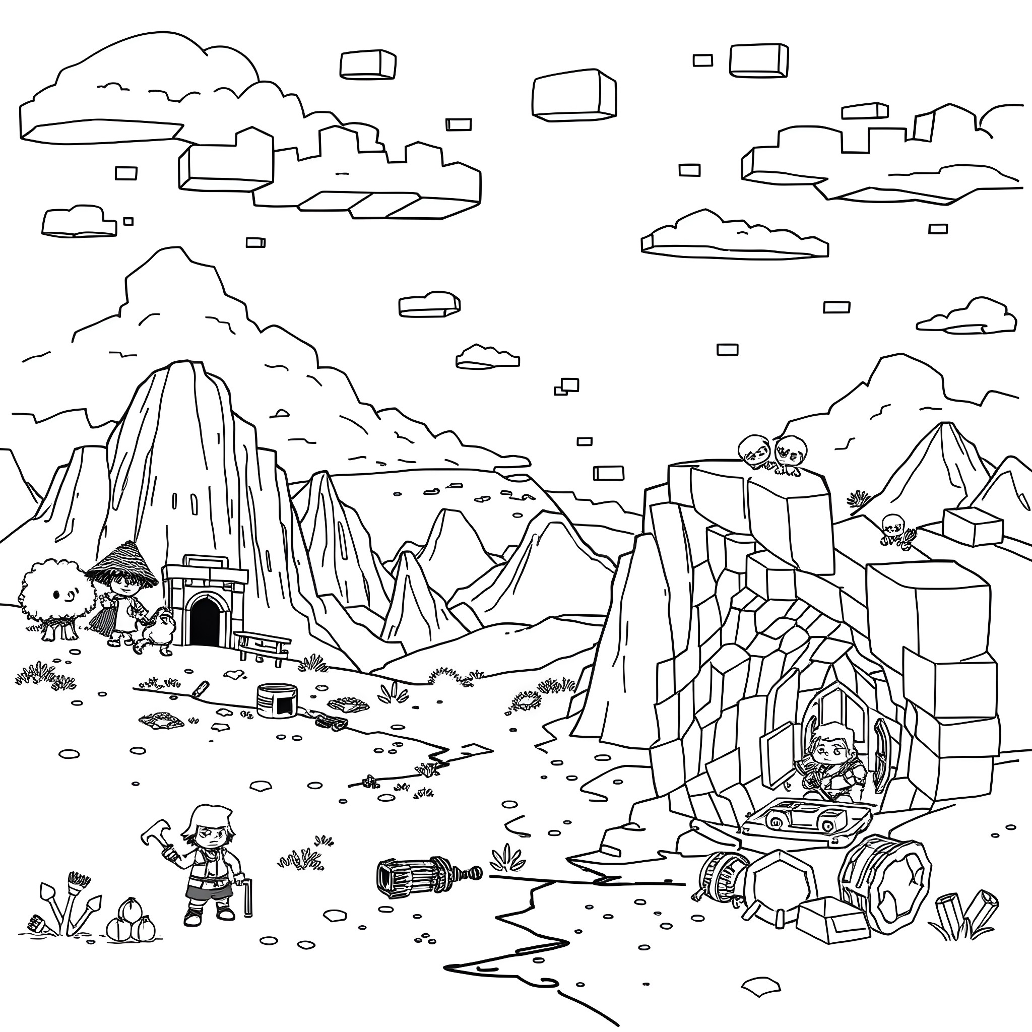Minecraft characters exploring mountainous landscape Coloring Page (free black-and-white line drawing printable PDF for all, from beginners to advanced learners, including children, teens, adults, and seniors)