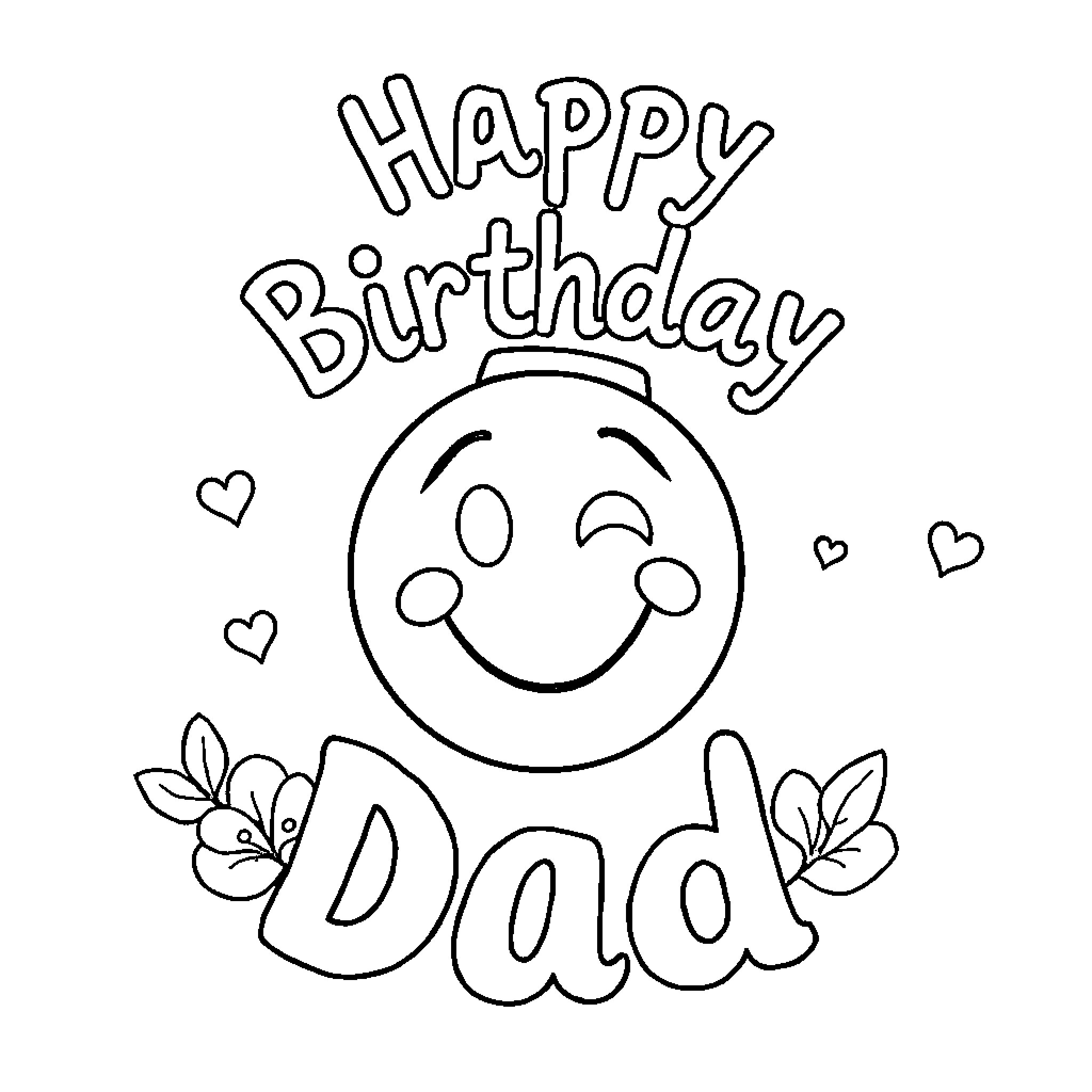 Birthday Wishes for Dad with Flowers Coloring Page (free black-and-white line drawing printable PDF for all, from beginners to advanced learners, including children, teens, adults, and seniors)