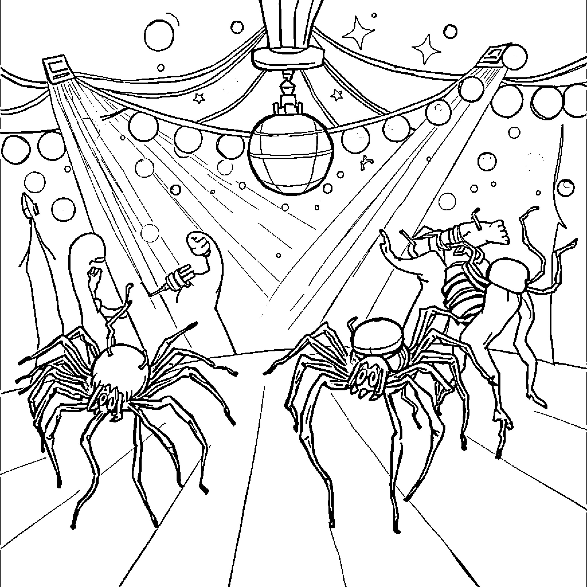 Spider-themed party with decorations and dancing figures Coloring Page (free black-and-white line drawing printable PDF for all, from beginners to advanced learners, including children, teens, adults, and seniors)