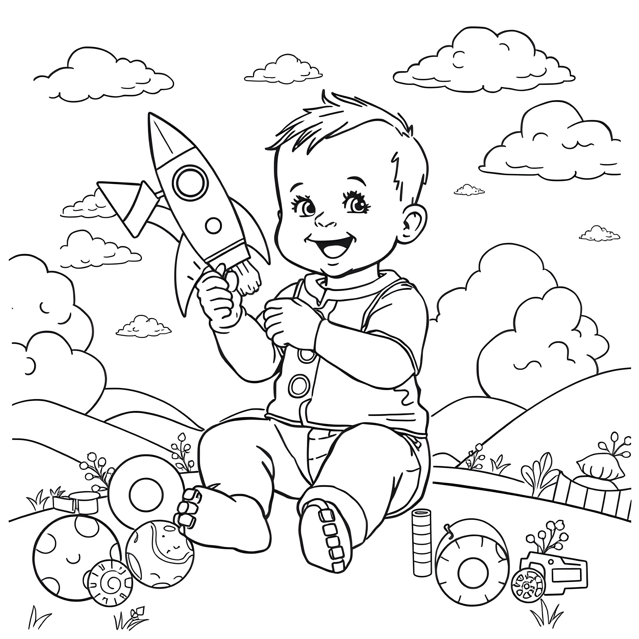 Baby playing with rocket toy in the park Coloring Page (free black-and-white line drawing printable PDF for all, from beginners to advanced learners, including children, teens, adults, and seniors)
