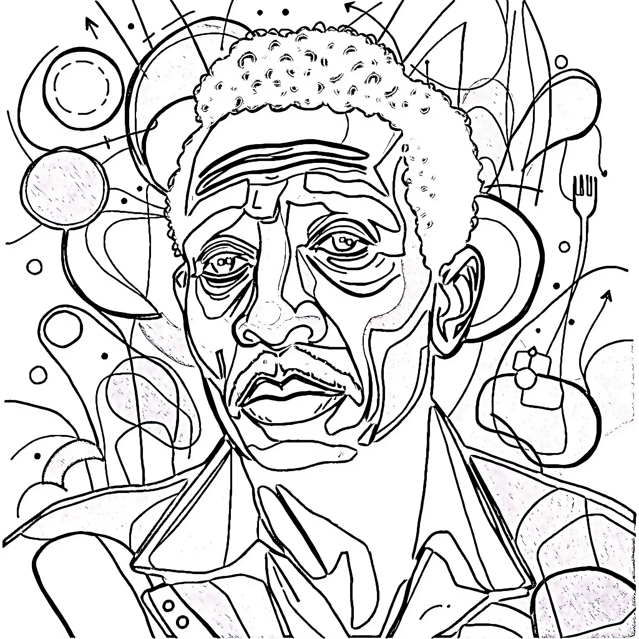 Picasso's Surreal Portrait with Abstract Expressions Coloring Page (free black-and-white line drawing printable PDF for all, from beginners to advanced learners, including children, teens, adults, and seniors)