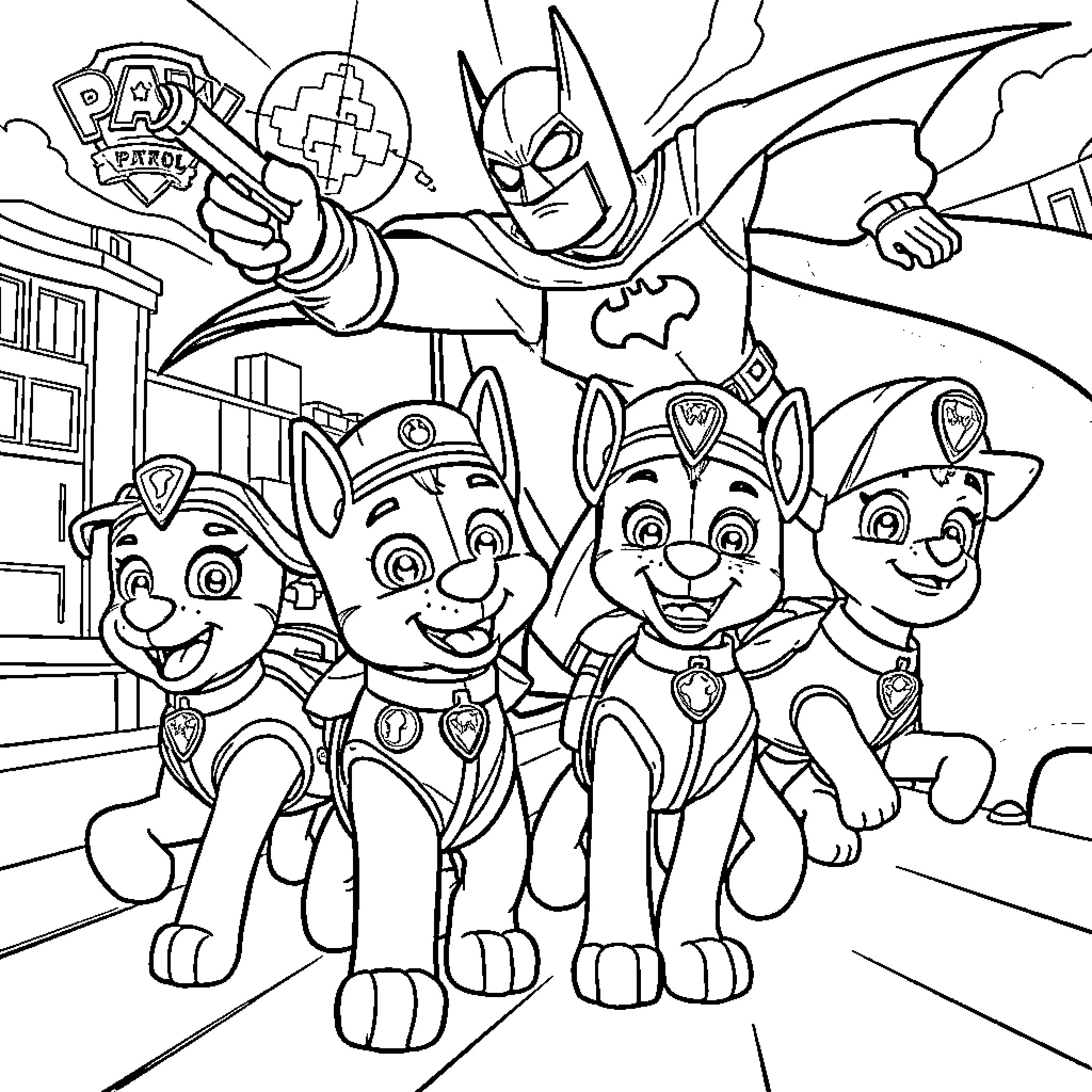 Paw Patrol Superheroes Saving the Day Coloring Page (free black-and-white line drawing printable PDF for all, from beginners to advanced learners, including children, teens, adults, and seniors)