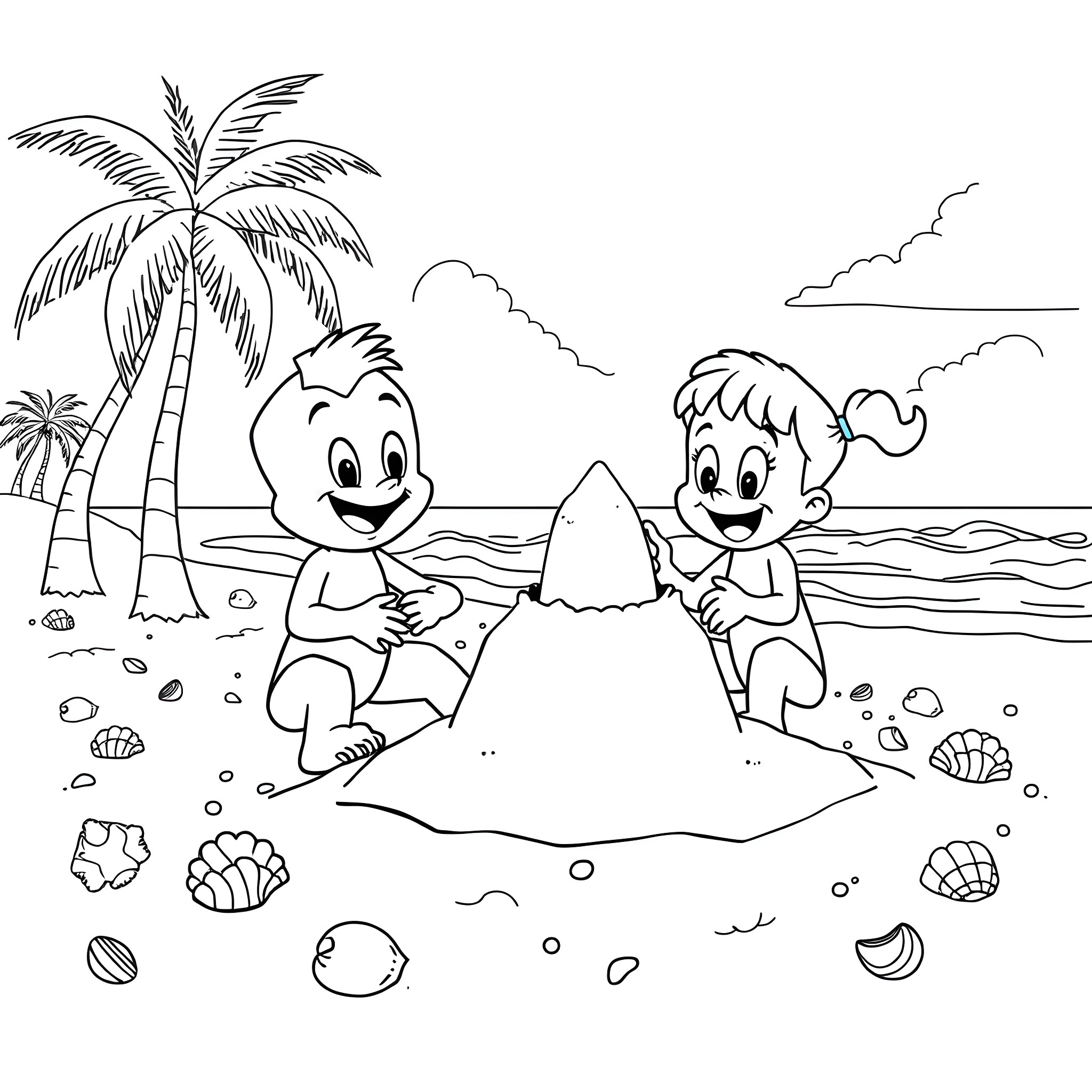 Bluey's Beach Adventure with Playful Friends Coloring Page (free black-and-white line drawing printable PDF for all, from beginners to advanced learners, including children, teens, adults, and seniors)