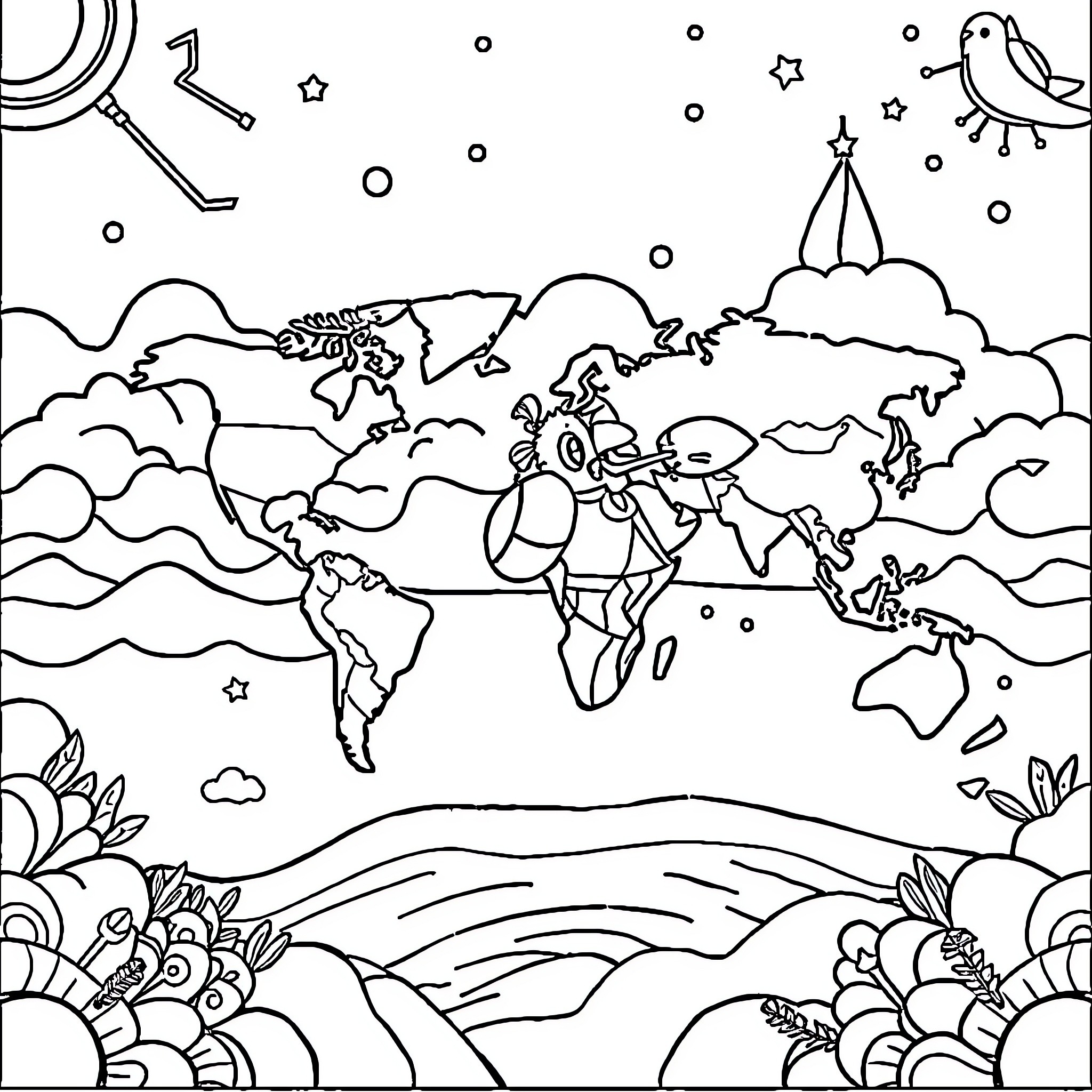 World Travelers Explore the Globe Coloring Page (free black-and-white line drawing printable PDF for all, from beginners to advanced learners, including children, teens, adults, and seniors)
